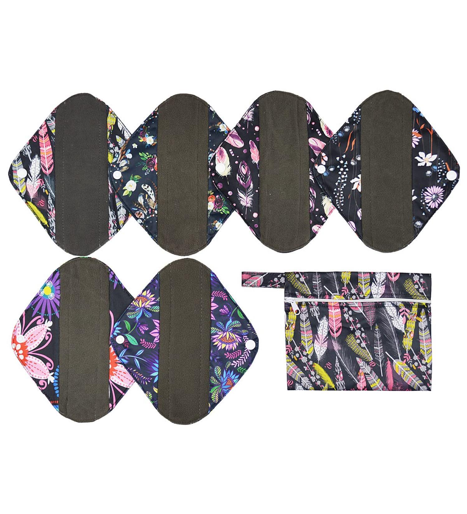 7pcs Set: Mini Wet Bag + 6pcs 8 Charcoal Bamboo Mama Cloth Menstrual Pads - Reusable Sanitary Pads - Buy Online on GoSupps.com