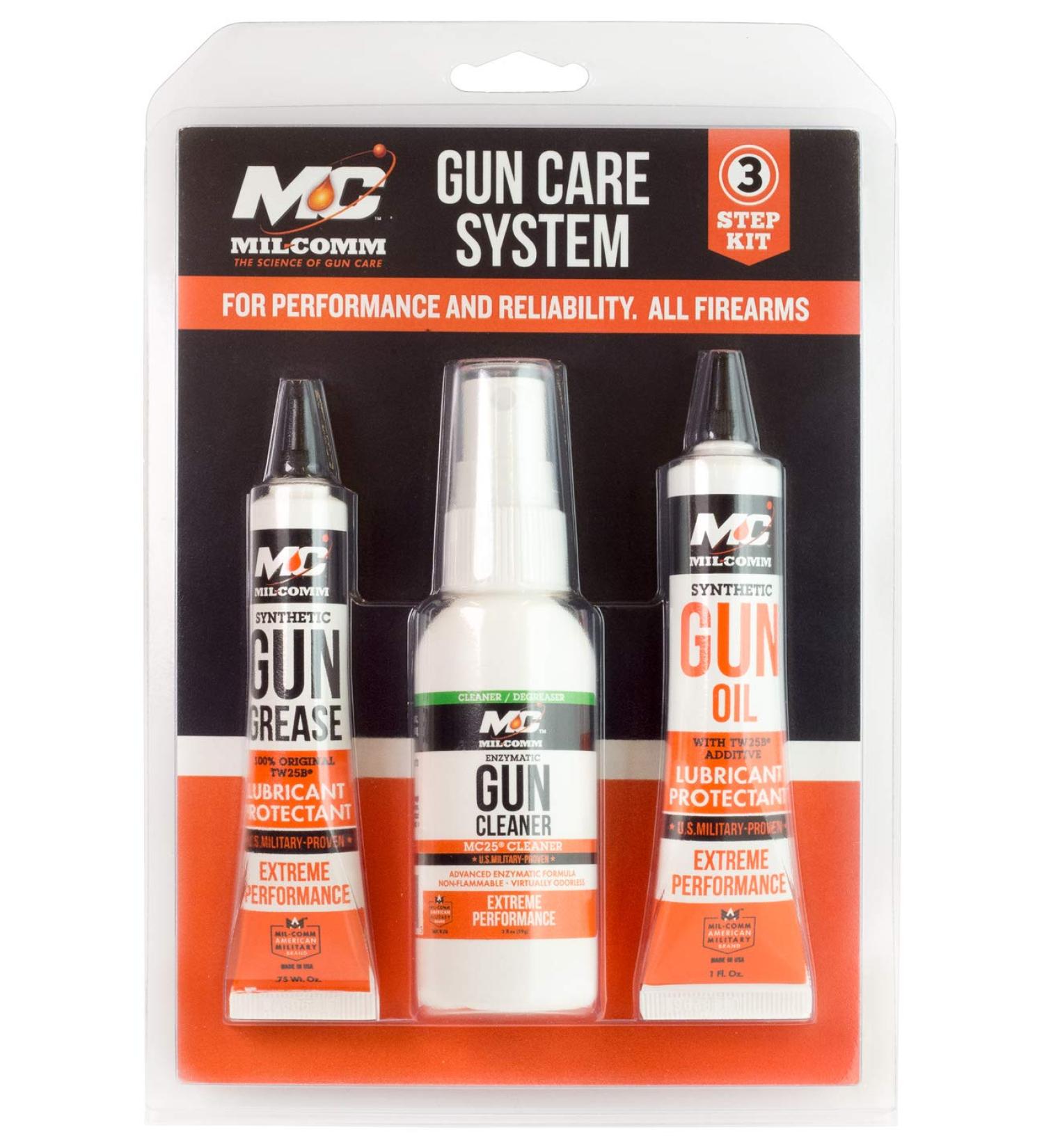 MIL-COMM 3 Step Gun Care System Includes .75-Ounce TW25B Gun Grease, 1-Ounce MC2500 Gun Oil, and 2-Ounce MC25 Gun Cleaner and Degreaser (3 Piece)