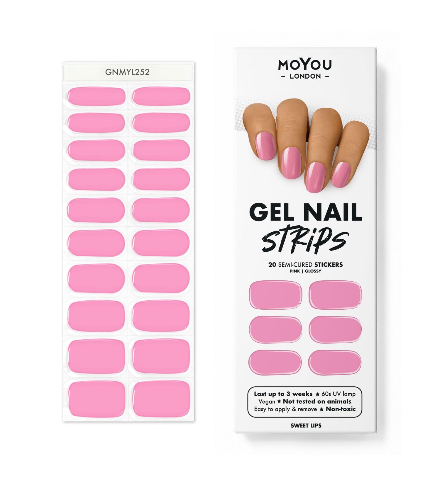 MOYOU LONDON Semi Cured Gel Nail Strips 20 Pc. Gel Wraps for Nails Get 1 Free UV Lamp when you Get 3 or More Easy Apply & Remove for Salon-Quality Manicure -Sweet Lips