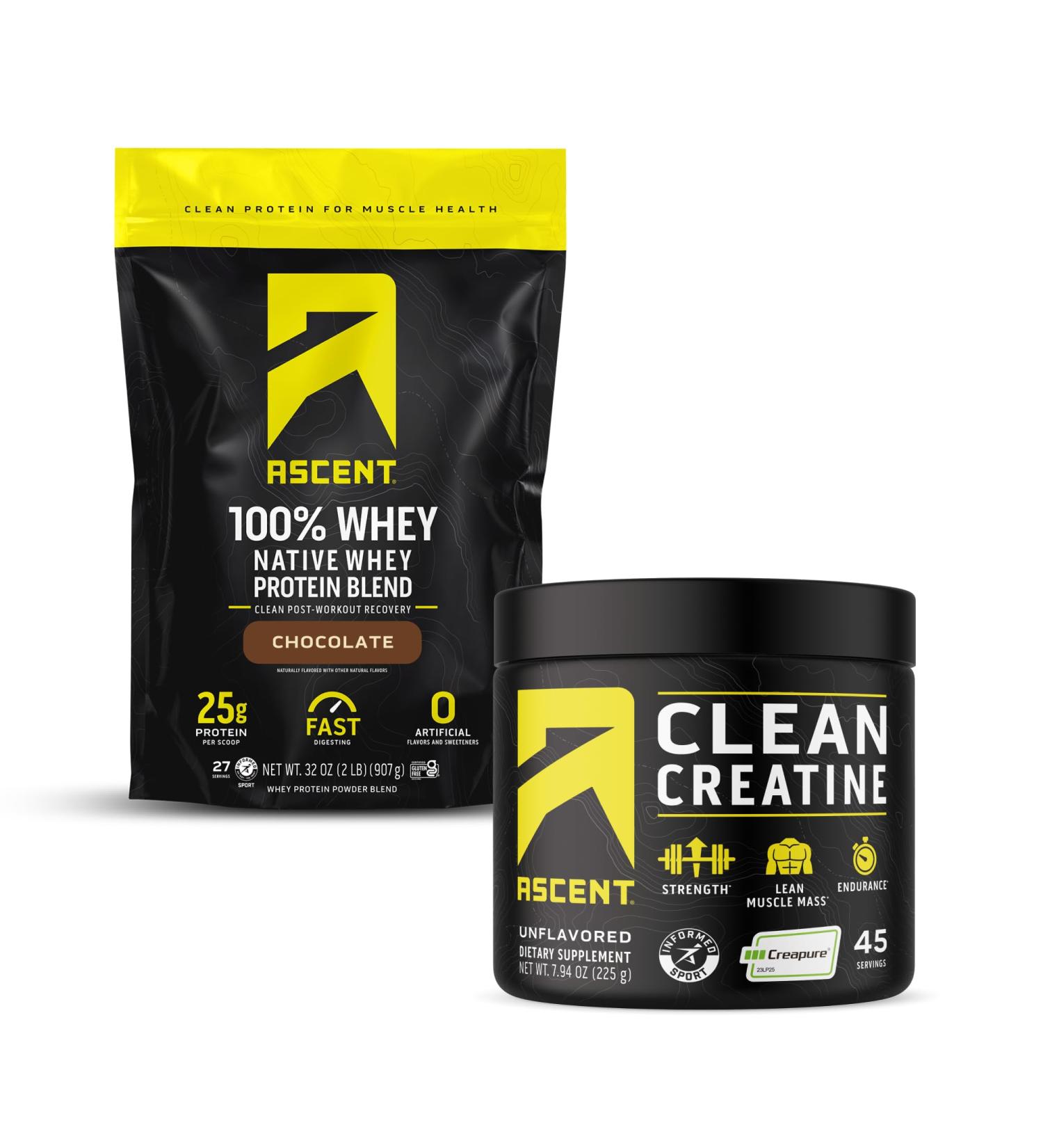 Ascent 100% Whey Protein Powder, Chocolate 2 lb & Creatine Monohydrate Powder, Unflavored 45 Servings - Buy Online on GoSupps.com