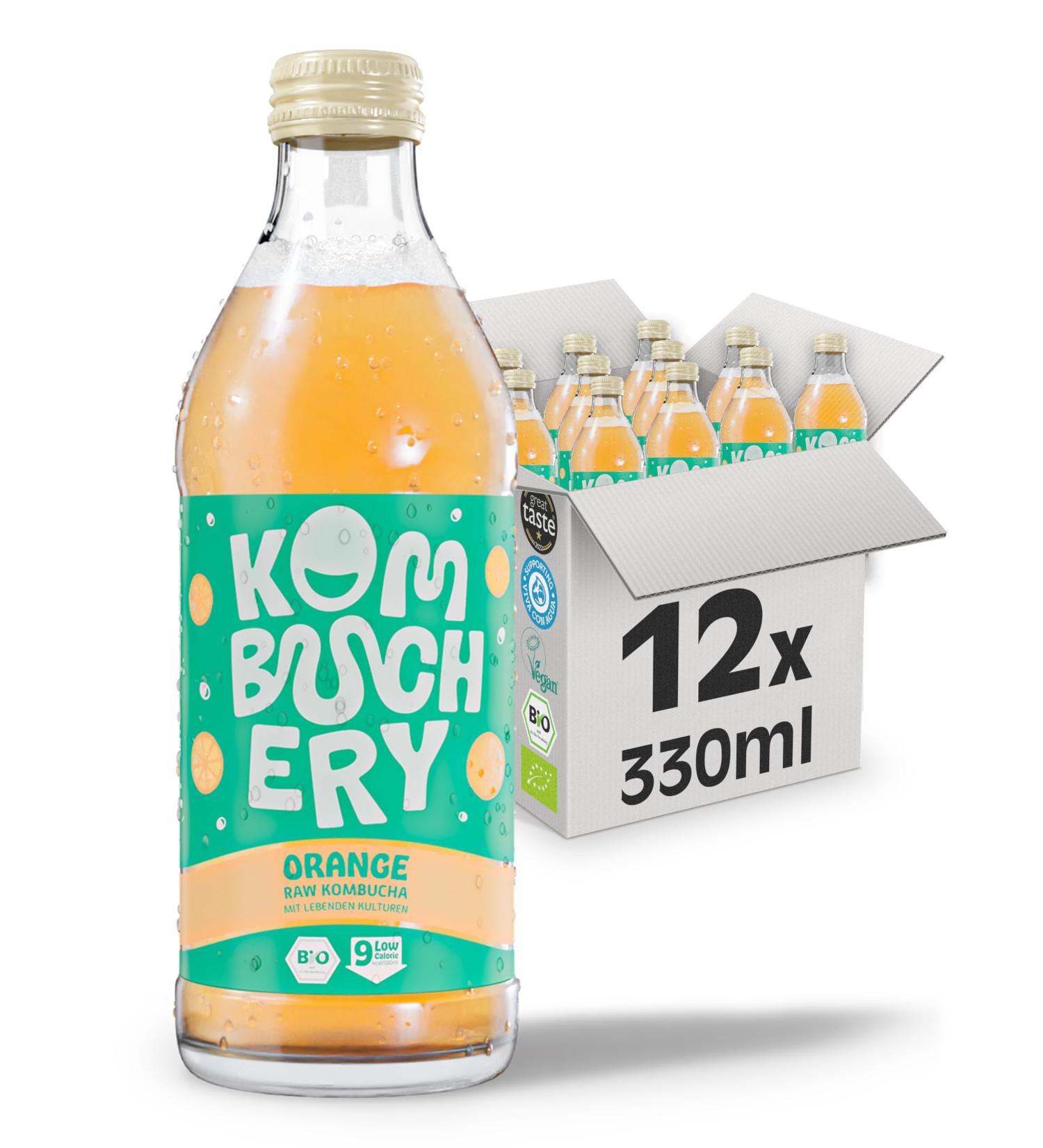Kombuchery Orange Bio-Kombucha 12x330ml | Vegan Low-Calorie Fermented Tea Drink - Healthy & Sustainable - Buy Online on GoSupps.com