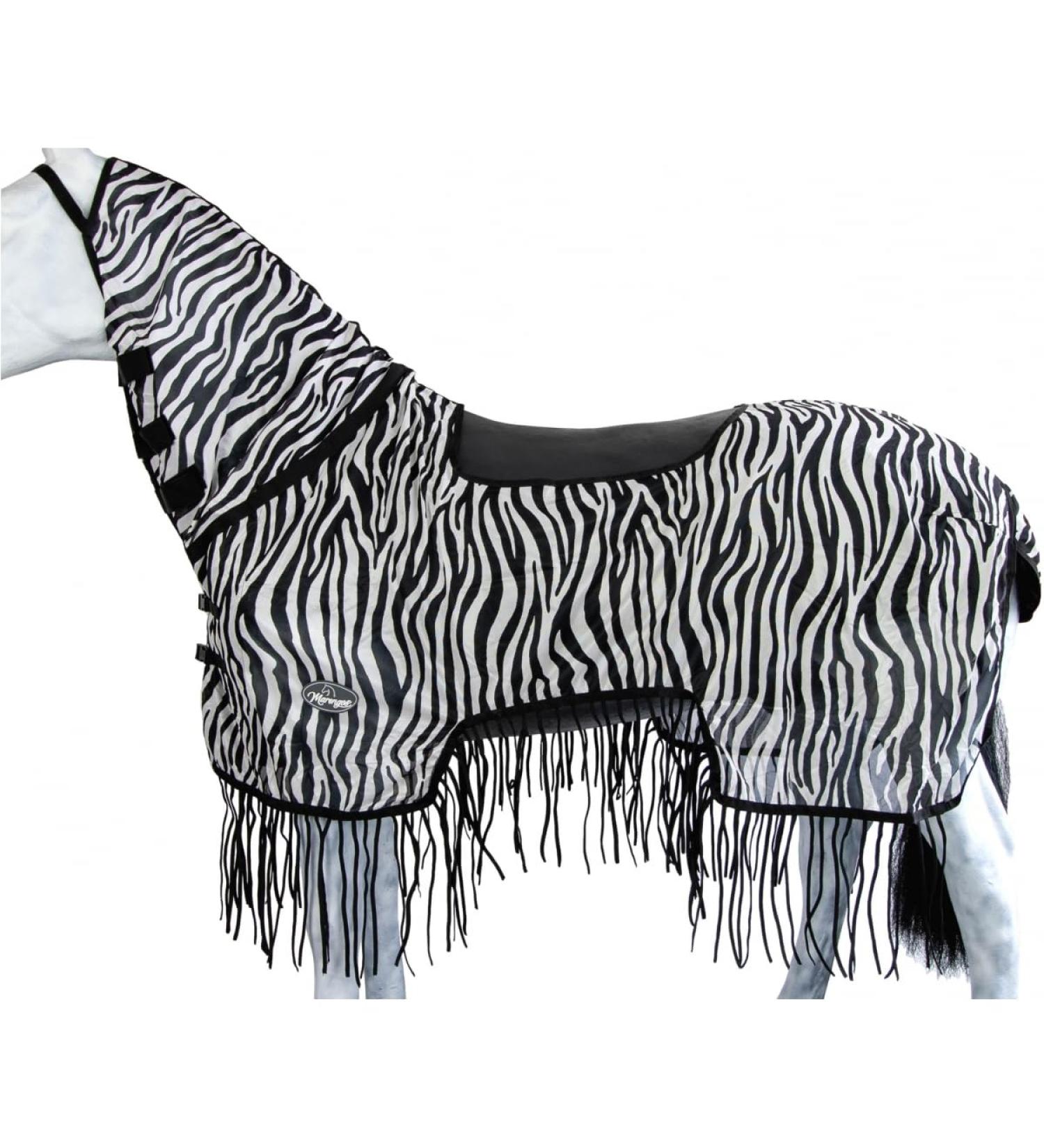 Marengos Zebra Fly Outdoor Ceiling Blanket with Fringes | Insect Protection | Saddle Cutout & Neck Part | 145cm Black & White Horse Sheet - Buy Online on GoSupps.com