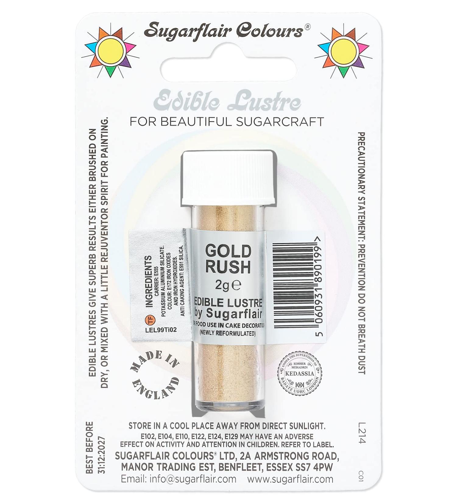 Sugarflair Gold Rush Edible Lustre Dust (E171 Free) Add a Lustrous Shine to Cakes or Decorations. Brush On or Add Rejuvenator to Create Eye-Catching Edible Paint- 2g