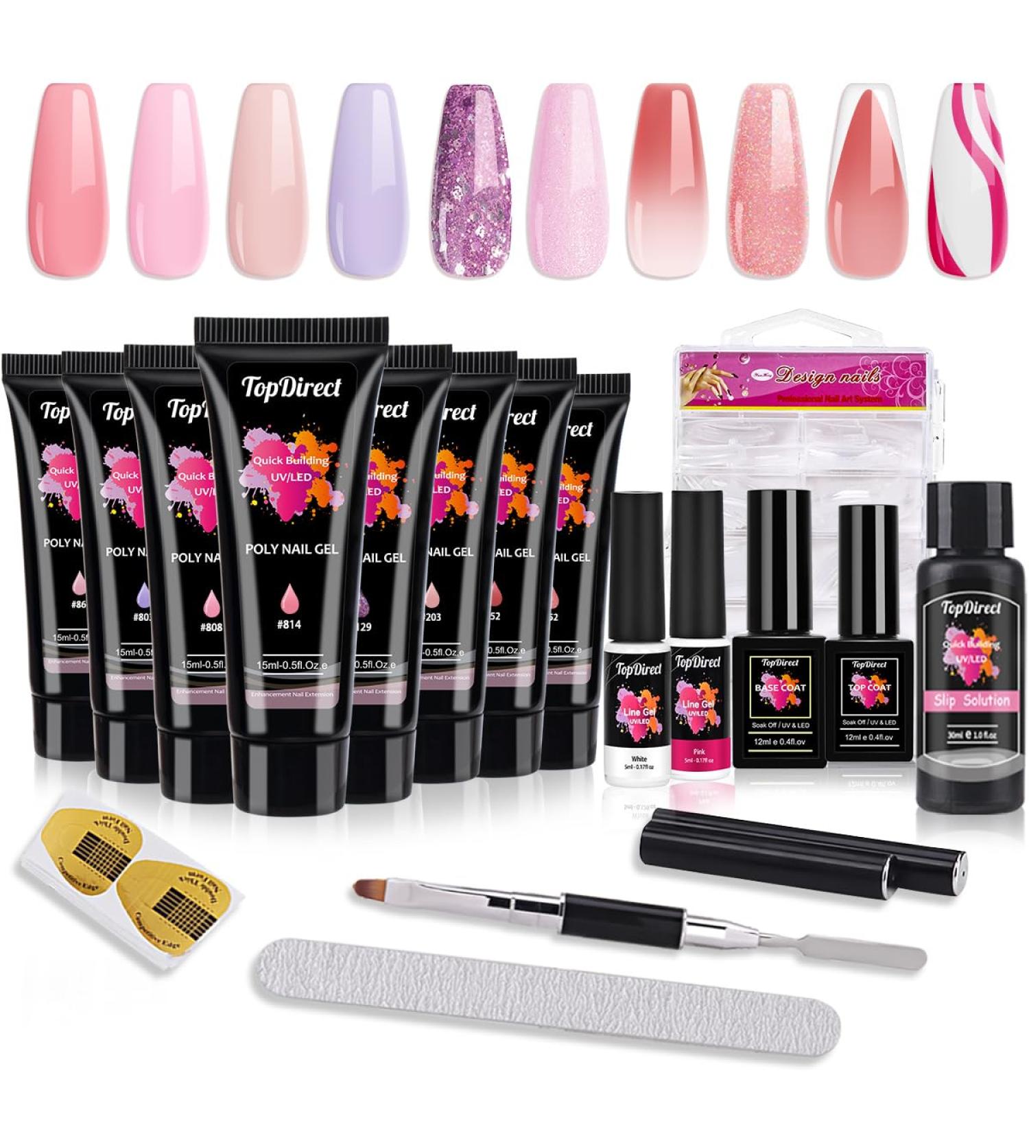 TopDirect Poly Nail Gel Set - 8*15 ml Poly Gel Colors with White & Pink Liner Gel, Builder Gel, 100 False Nail Tips, Base & Top Coat, Slip Solution, Manicure Tools - Perfect Gift for Women - Mix-2 - Buy Online on GoSupps.com