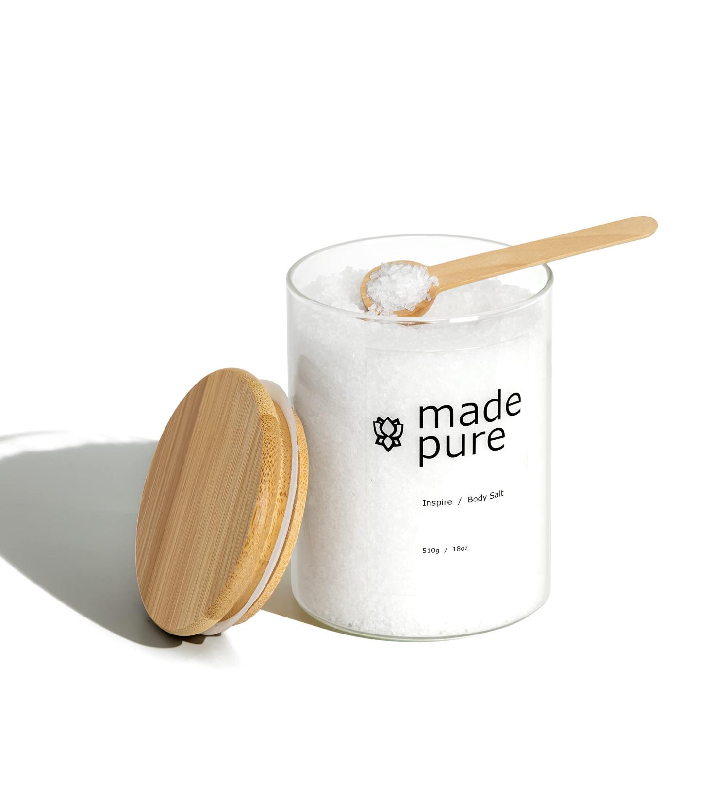 Made Pure Epsom Salt with Essential Oils Relaxing and Soothing 18oz White Bath Salts in Luxurious Glass Bottle with Wooden Lid - Buy Online on GoSupps.com