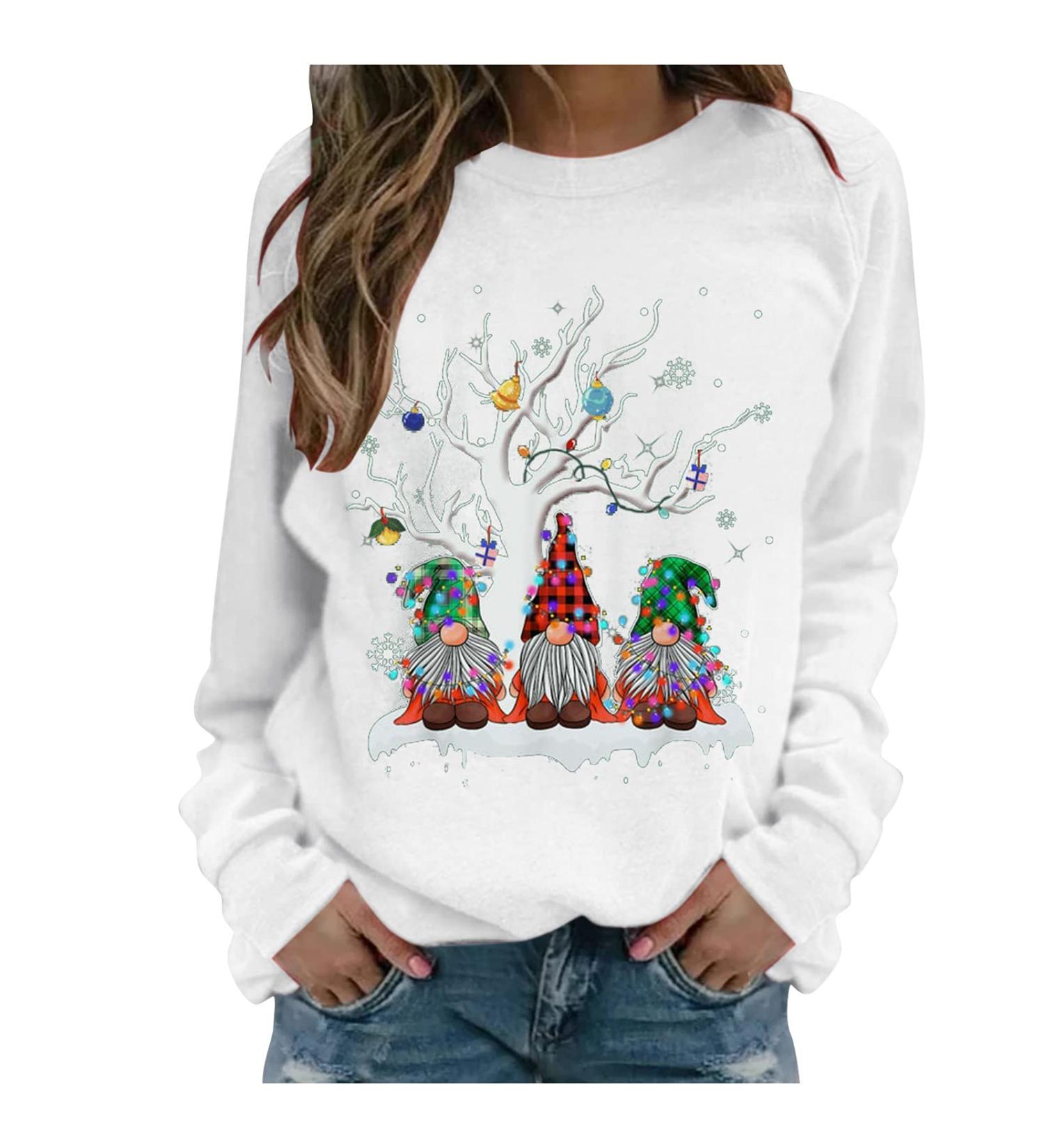 Women's Christmas Snowman and Penguin Print Sweatshirt - Comfy O-Neck Pullover for Winter - White XXL - Buy Online on GoSupps.com