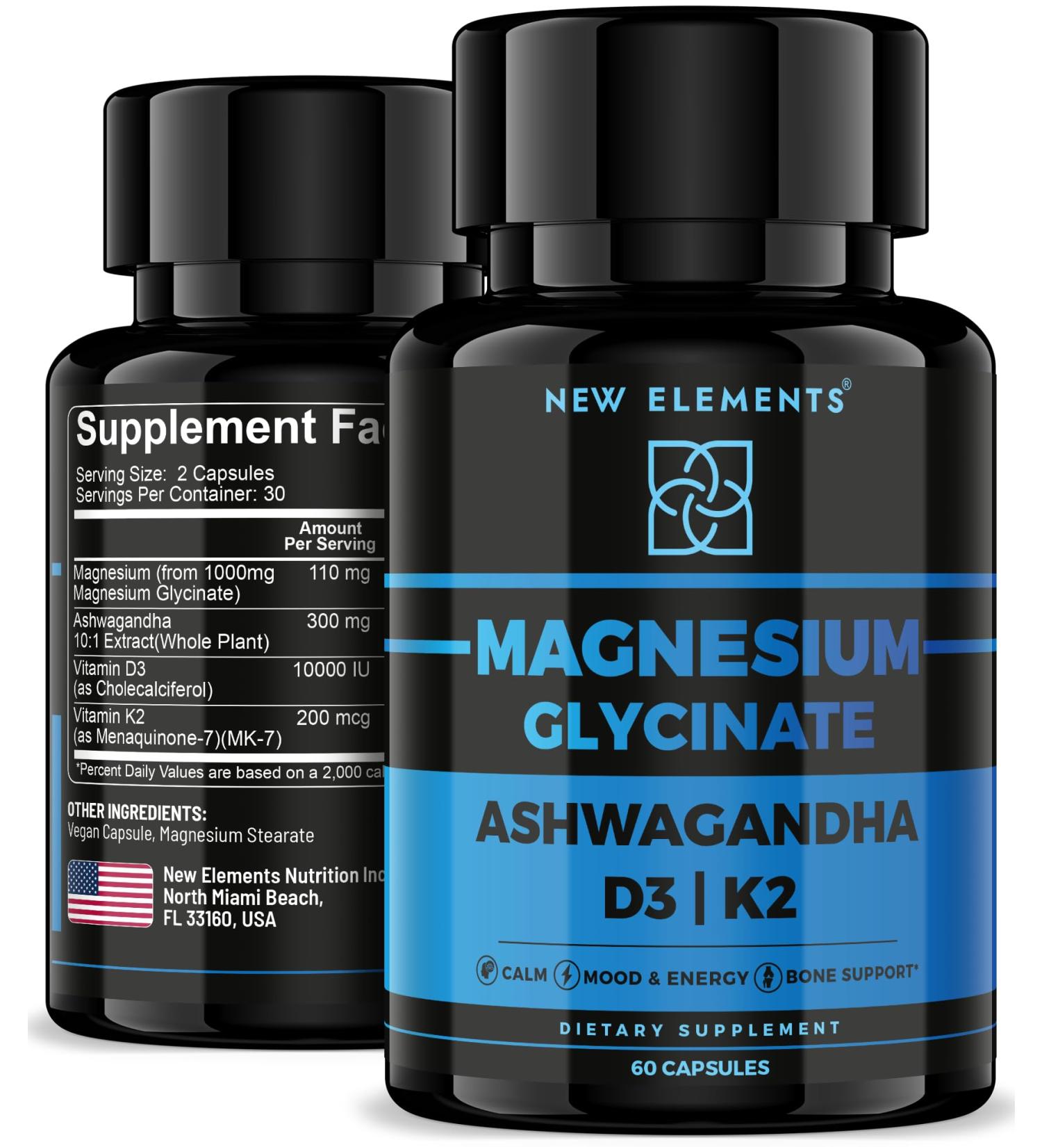 Magnesium Glycinate 1500mg with Ashwagandha 300mg + Vitamin D3 10 000 IU & K2 (MK-7) 200mcg Stress Relief Calm Mood & Bone Support High Absorption Vegan Capsules Non-GMO - Buy Online on GoSupps.com