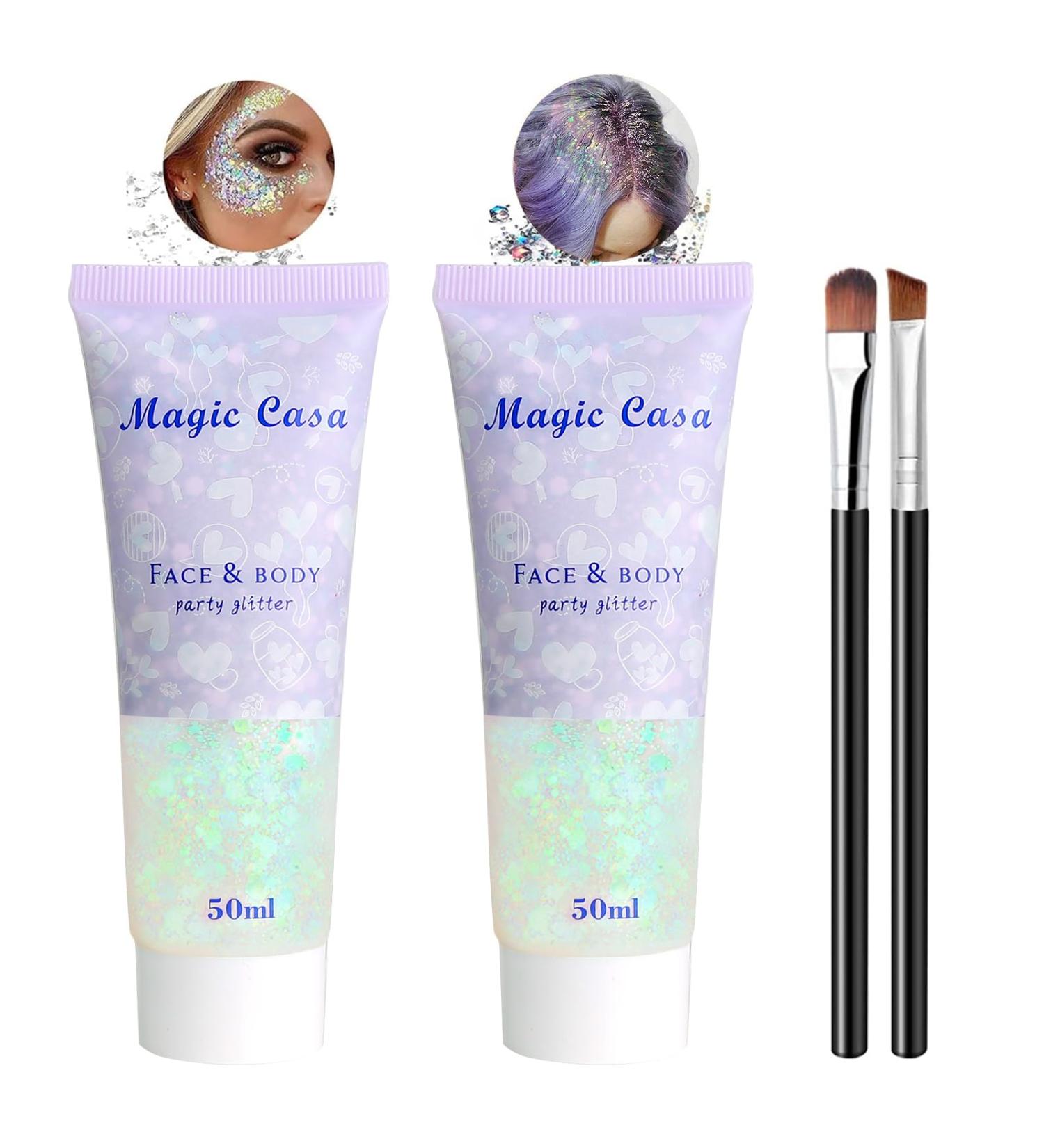 Buy 2 Pieces Body Glitter Gel - Mermaid Sequin Sparkling Makeup for Face Hair & Lips | Chunky Glitter Liquid Gel with 2 Brushes for Festivals & Birthdays - Buy Online on GoSupps.com