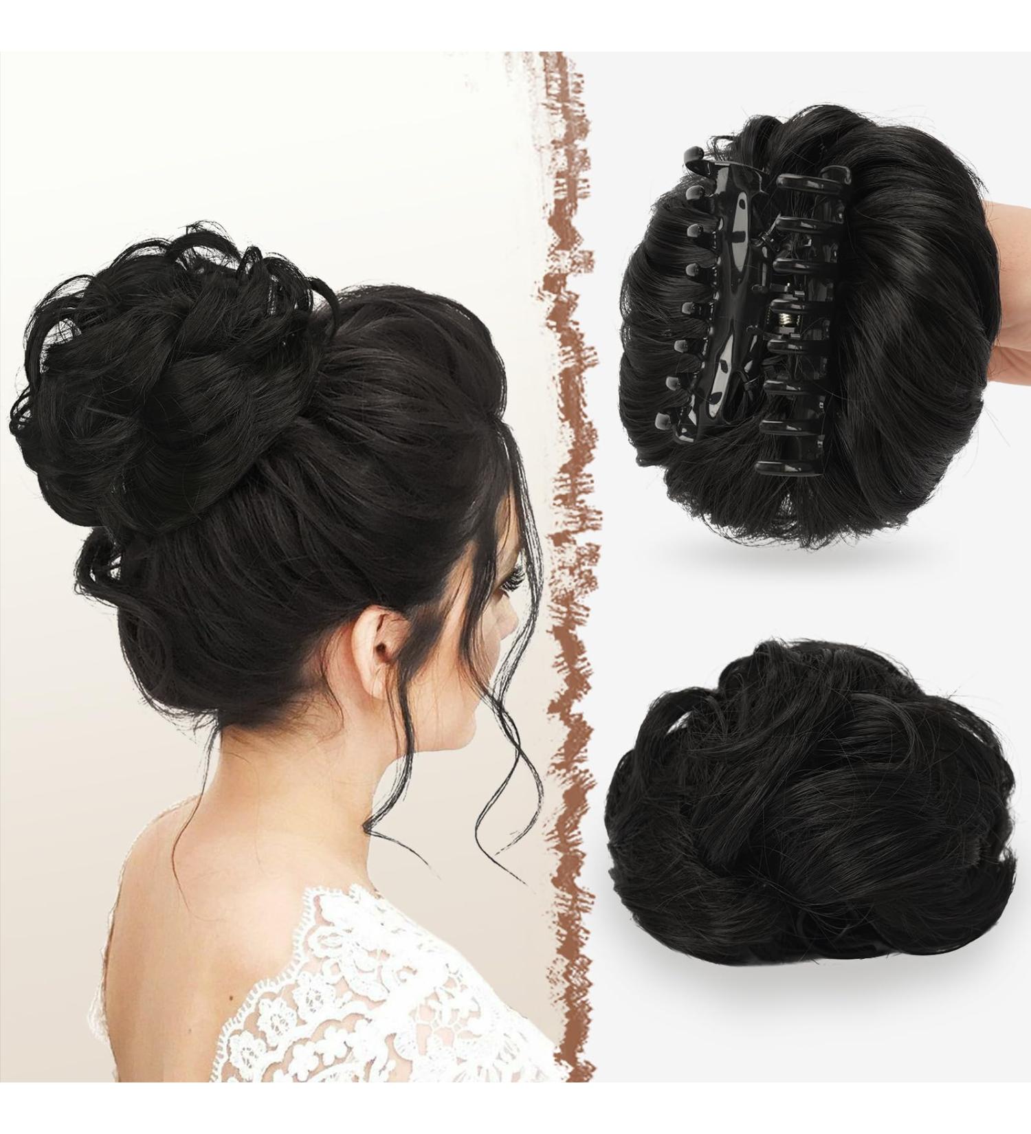 FESHFEN Claw Clip Messy Bun Hair Piece - Black Brown Curly Wavy Chignon Updo Scrunchie for Women - Buy Online on GoSupps.com