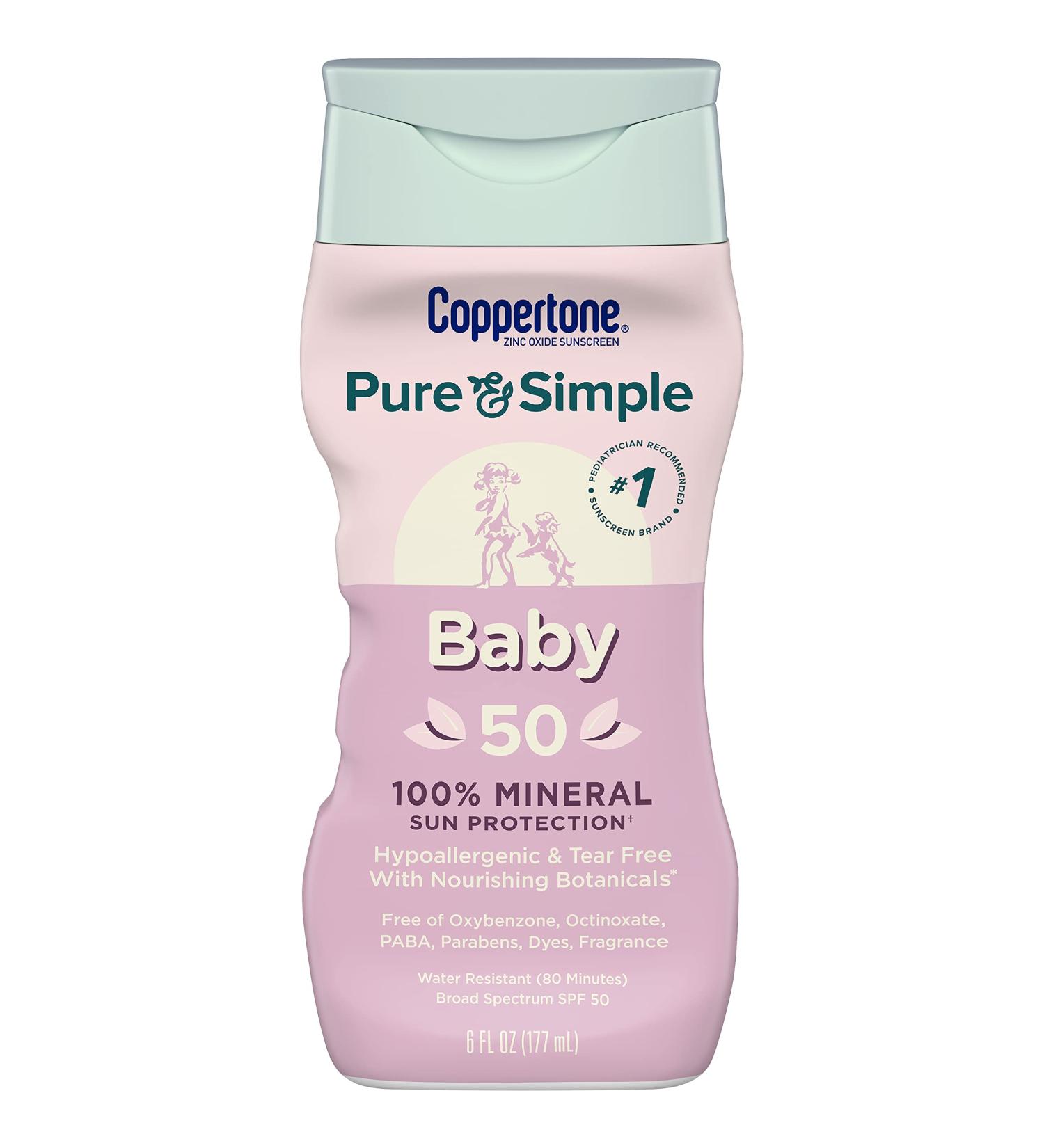 Coppertone Pure and Simple Baby Sunscreen SPF 50 Lotion - Zinc Oxide Mineral Sunscreen - Tear Free, Water Resistant - 6 Fl Oz Bottle - Buy Online on GoSupps.com
