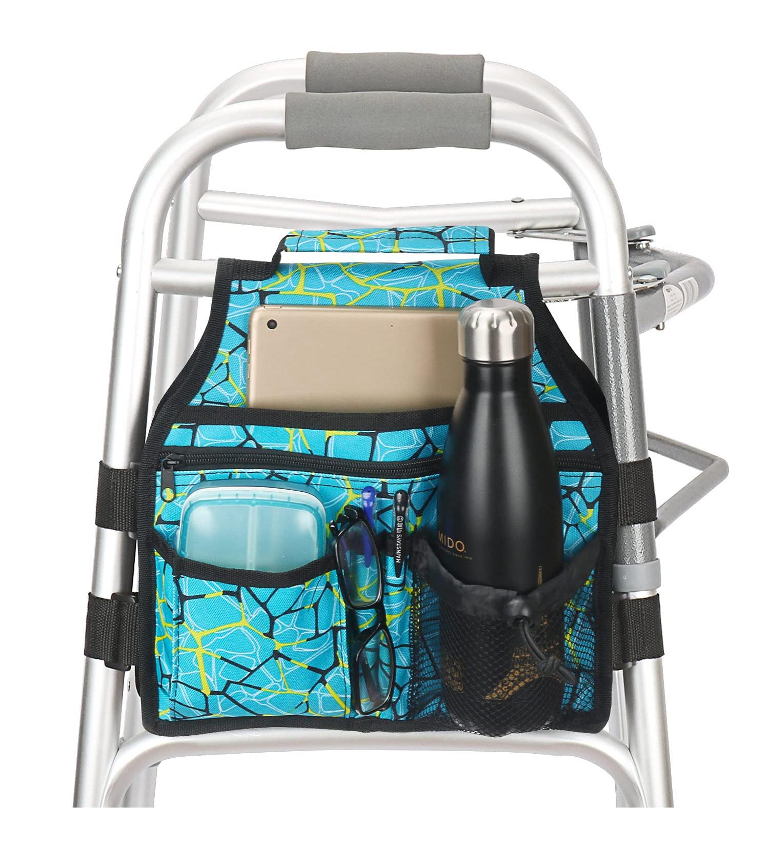 Folding Walker Side Bag with Cup Holder - Organizer Pouch Tote for Seniors - Plaid Blue - Buy Online on GoSupps.com