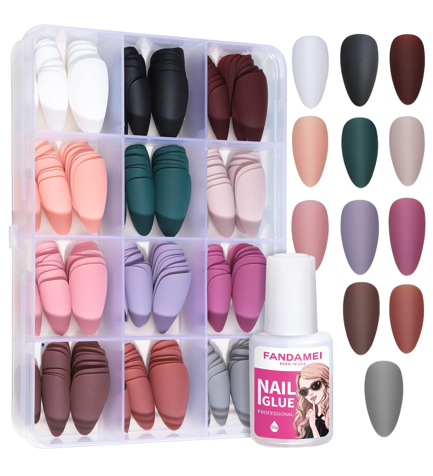 FANDAMEI Matte Acrylic Fake Nails - 12 Packs (288PCS) + 10g Nail Glue | DIY Nail Art | Medium Almond Stiletto False Nails - 12 Solid Colors - Buy Online on GoSupps.com