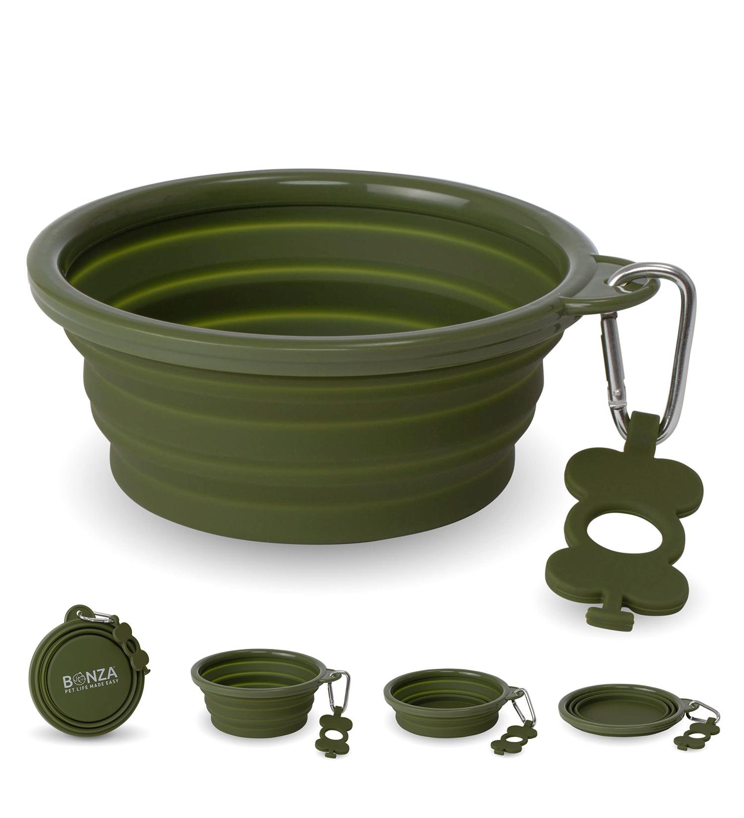 Bonza Large Foldable Dog Bowl 1000ml - Durable Stable Edge with Carabiner & Water Bottle Holder - Moss Green - Buy Online on GoSupps.com