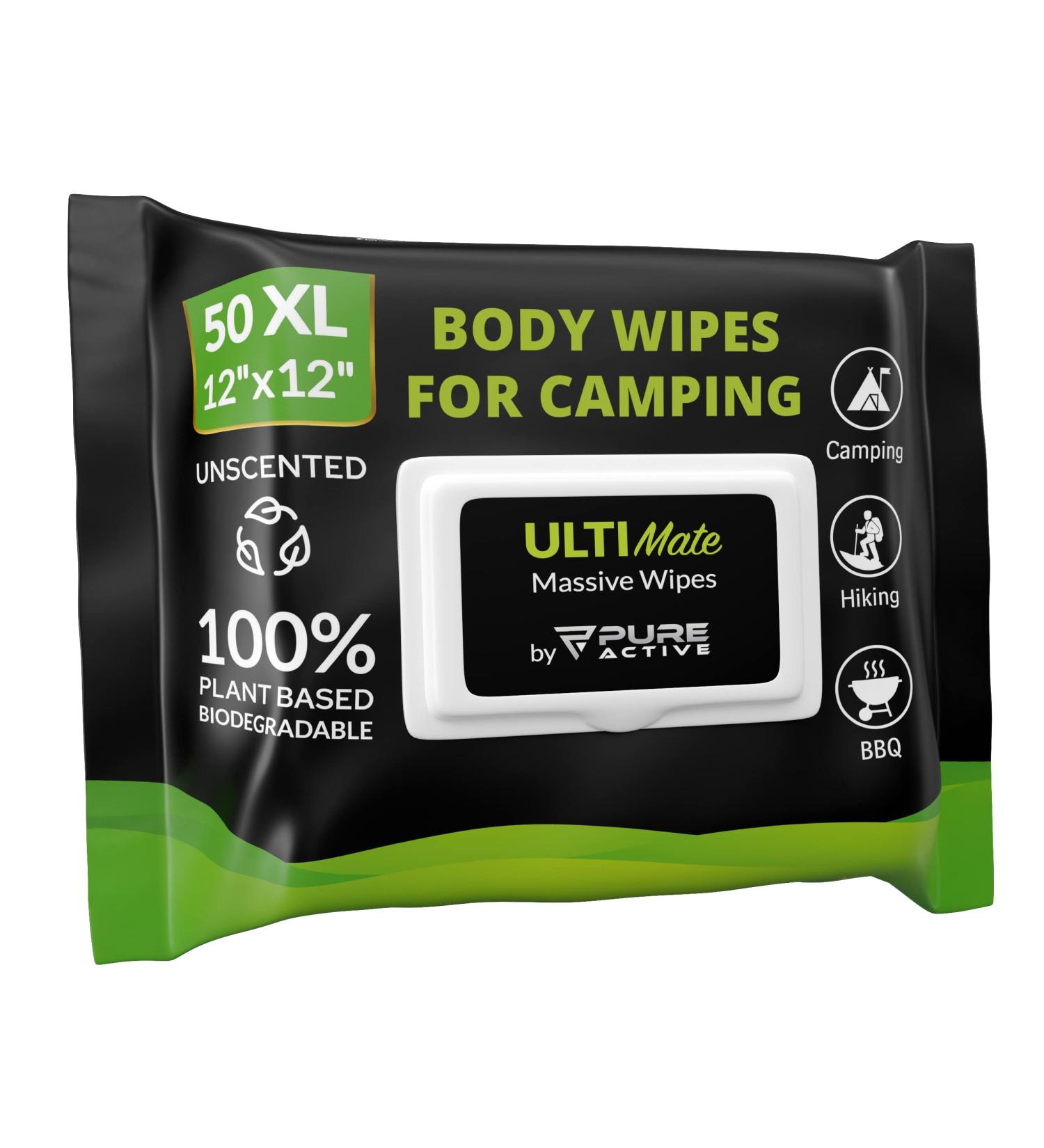 Biodegradable XL Body Wipes for Camping and Travel - 50 Count Pack | Personal Hygiene Shower Wipes for Body and Face - 12''x12'' | Ideal for Women, Men, Kids, and Elderly - Buy Online on GoSupps.com