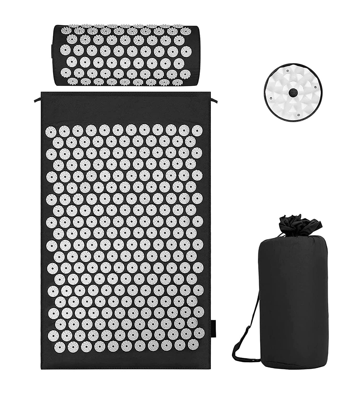 Acupressure set acupressure mat with pillows for soothing relaxation and massage to facilitate back pain head-neck pain stimulate energy points in the body and act stimulatingly black