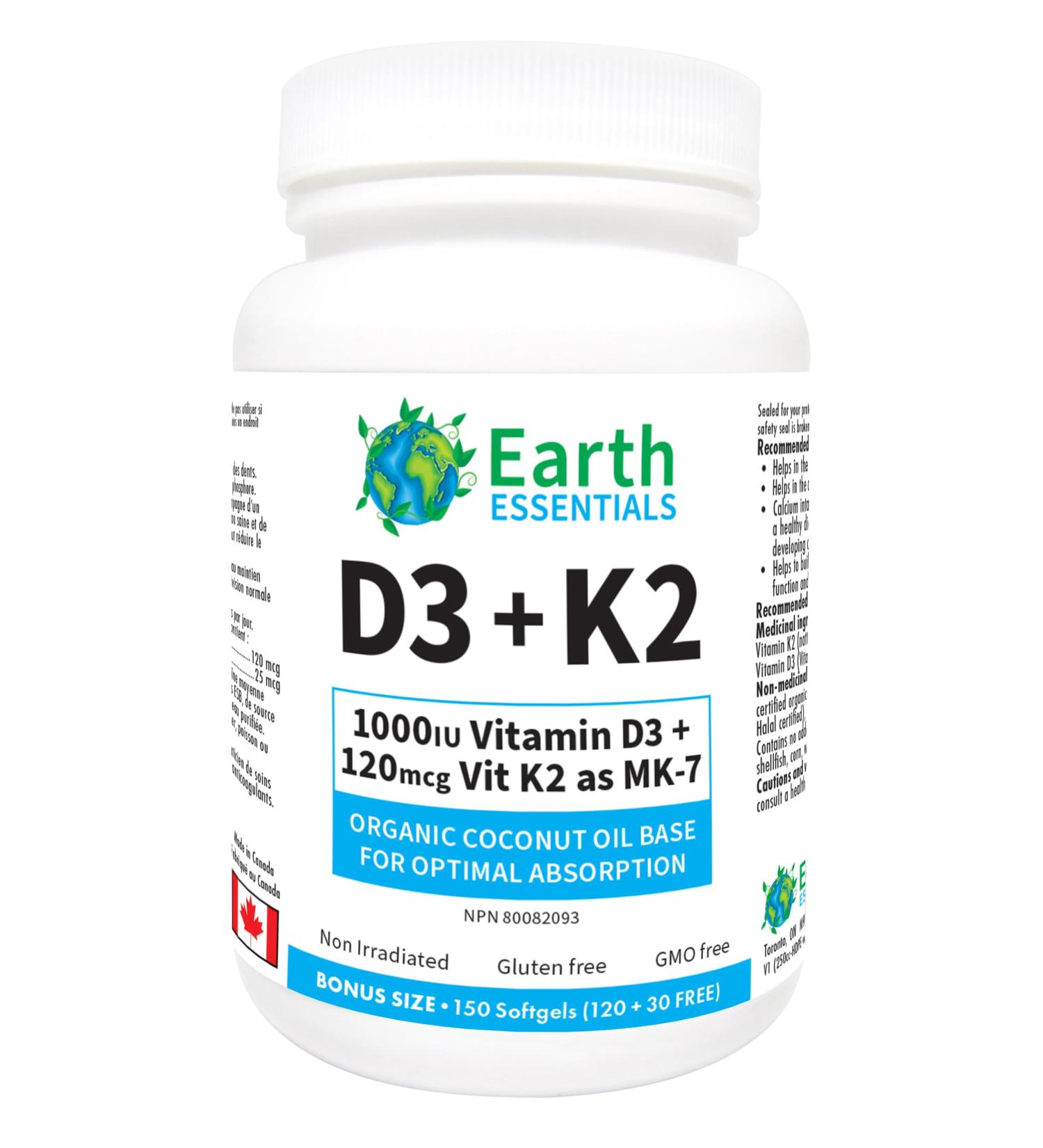 Earth Essentials Vitamin D (1000 IU) + Vitamin K2 (120 mcg) BONUS SIZE - 150 Softgels (120 + 30 FREE) - Buy Online on GoSupps.com
