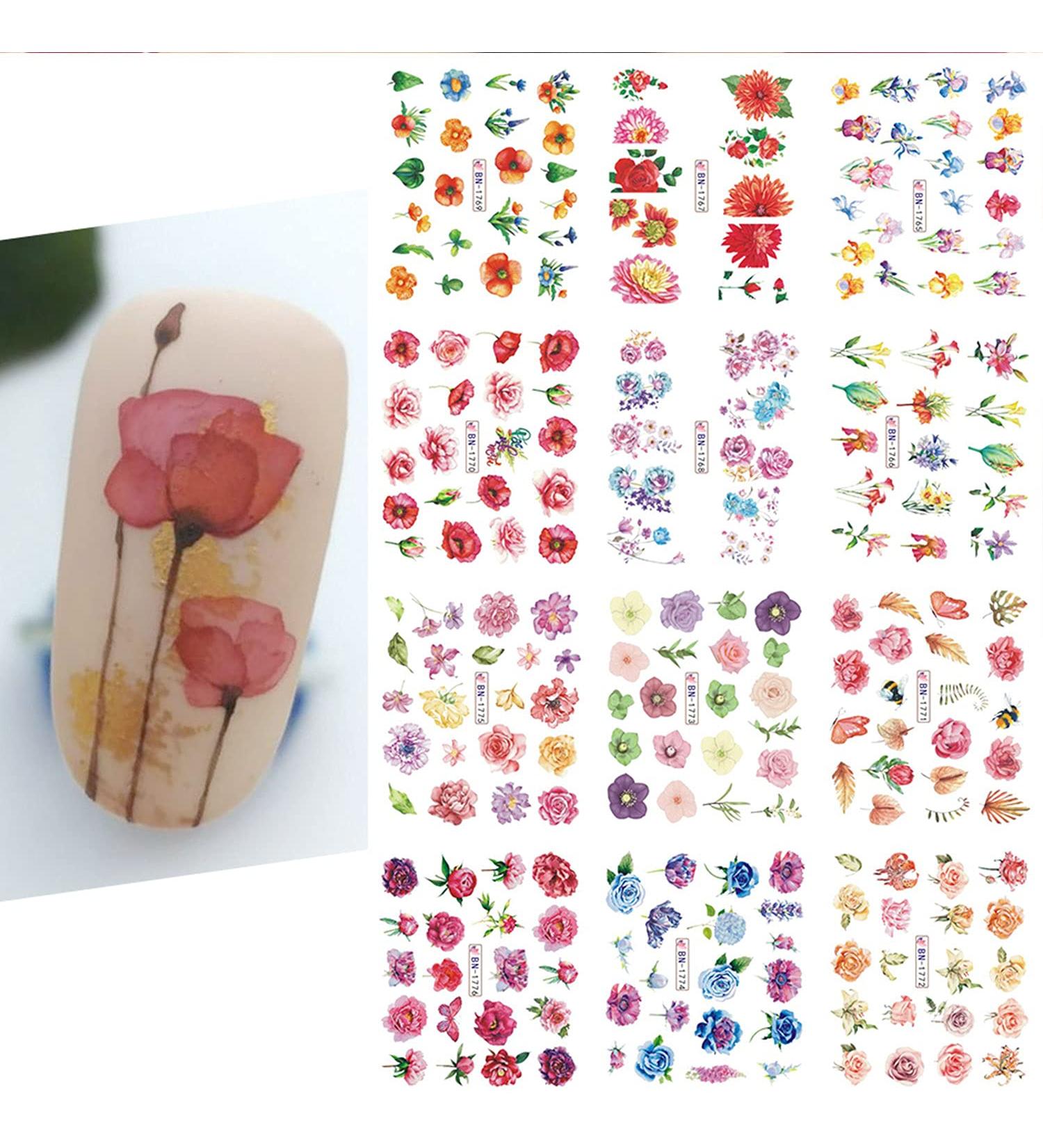 Summer Blooming Flower Nail Art Stickers - Chrysanthemum, Peony & Butterfly Designs | 12 Water Transfer Decals for Manicure - Buy Online on GoSupps.com