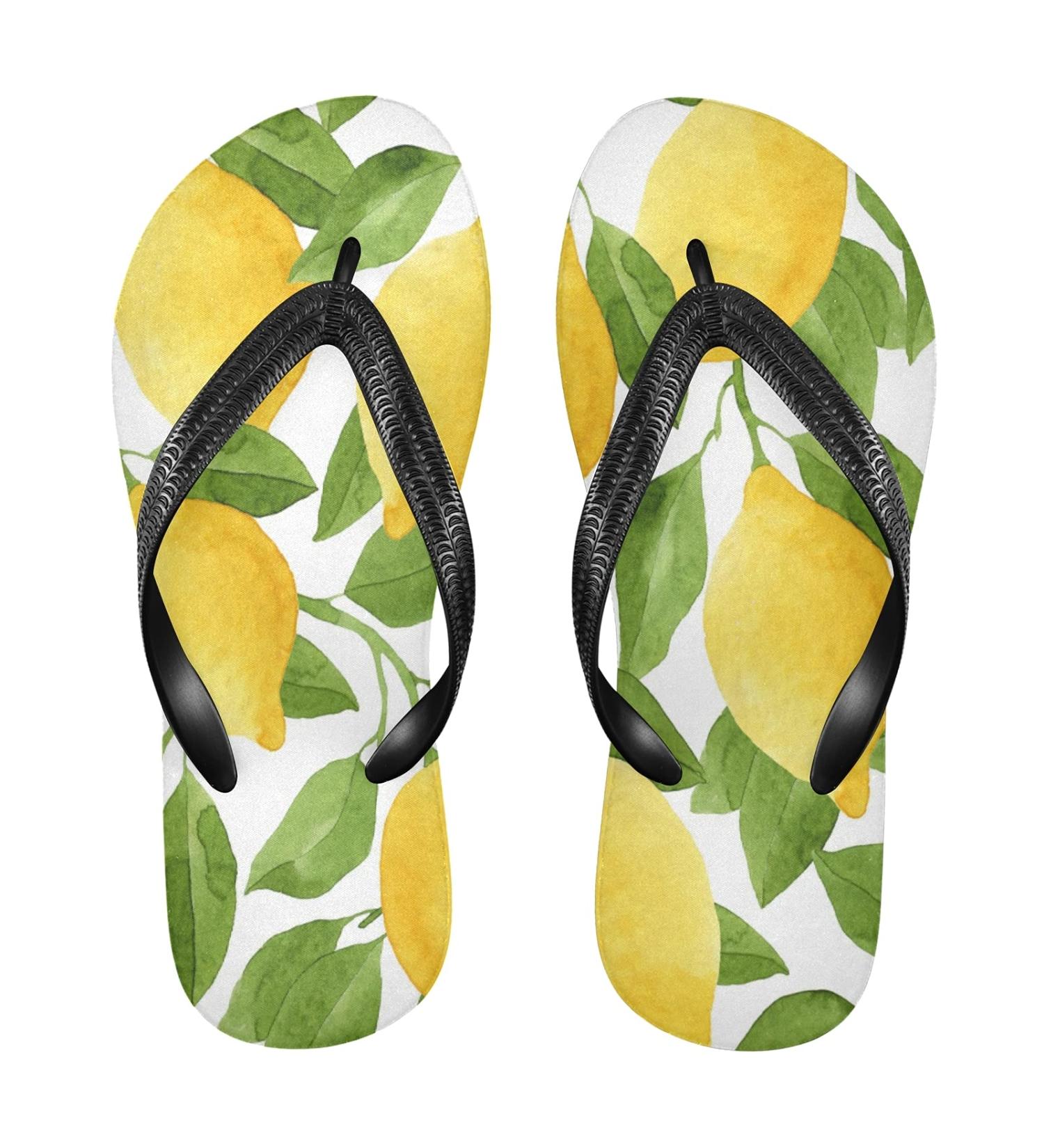 Buy Mnsruu Yellow Lemon Leaves Flip Flops | XXL Home Hotel Spa & Travel Footwear for Men & Women - Buy Online on GoSupps.com