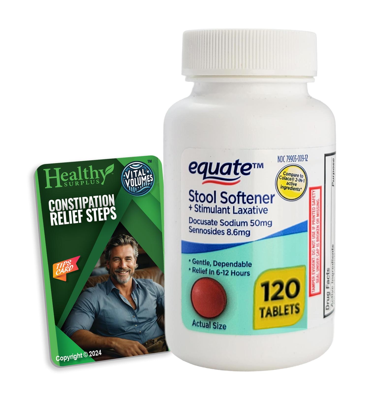 Healthy Surplus Equate Stool Softener Docusate Sodium 50mg Sennosides 8.6mg Laxative - 120 Tablets and Vital Volumes Constipation Stips Guide Bundle - Buy Online on GoSupps.com