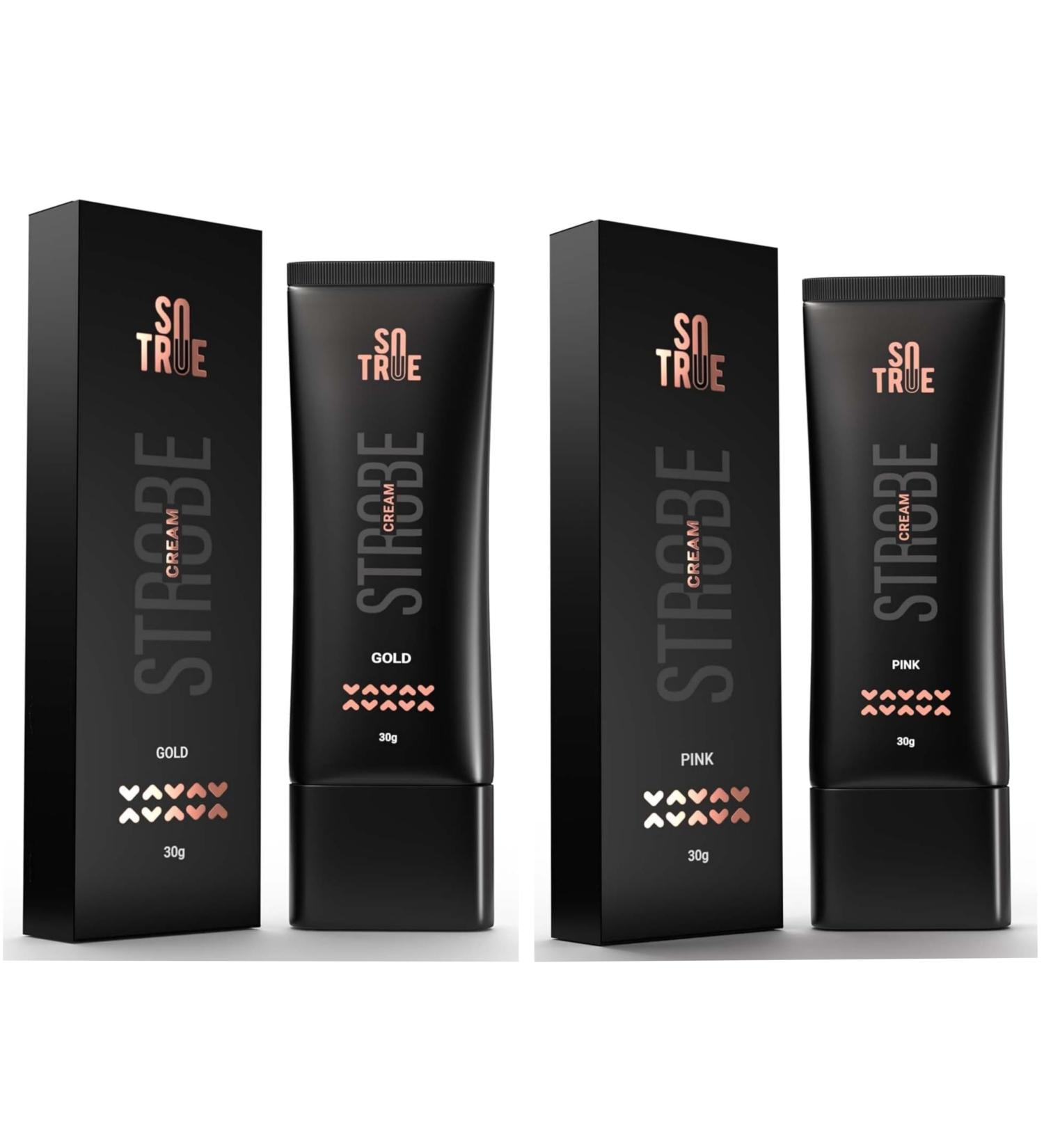 So True Strobe Cream Gold & Pink Combo (30gm + 30gm) For Face Radiance Multipurpose Strobe Cream Dewy Glazed Instant Glow Highlighter For Face Boosts Hydration For All Skin Types 1.05oz Each Total 2.1oz - Buy Online on GoSupps.com