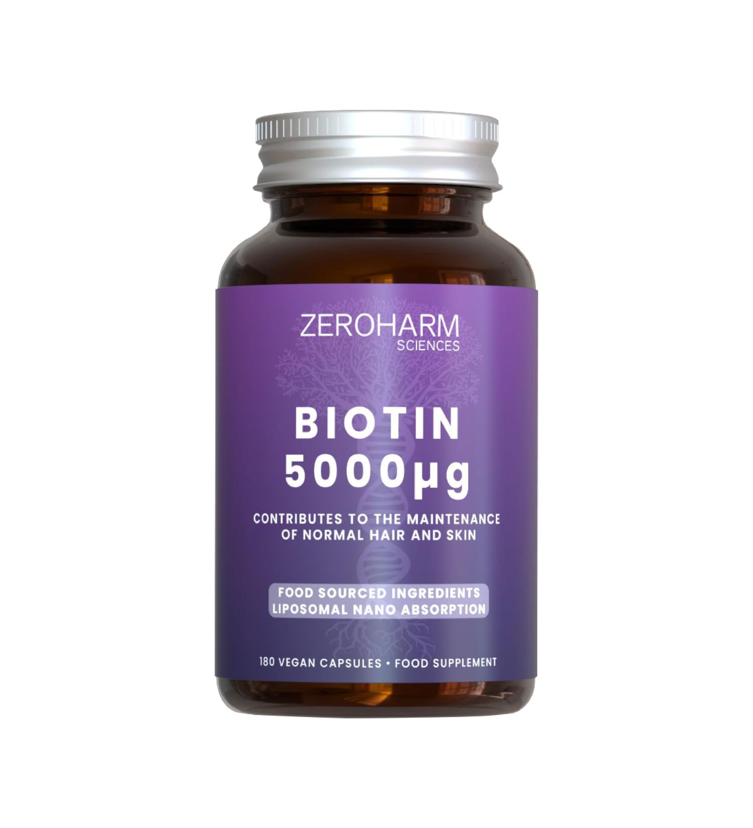 ZEROHARM Biotine 5000 mcg Biotine v g tale issue d'extraits naturels Vitamine pour les cheveux la peau et les ongles Absorption liposomale 180 comprim s (1 bo te) - Buy Online on GoSupps.com