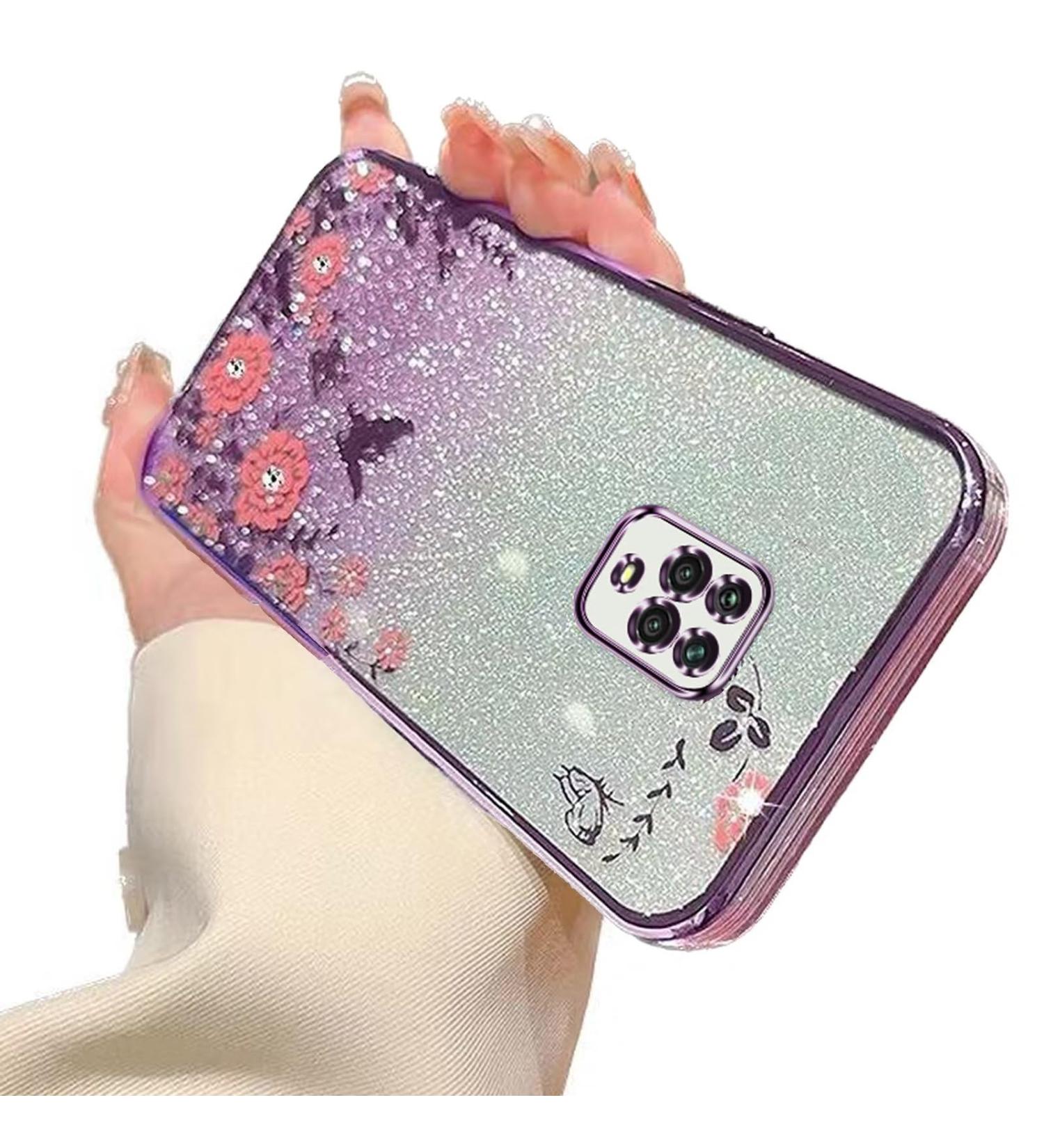 Tivenfezk Nadoli Glitter Diamond Case for Xiaomi Redmi Note 9S | Sparkle Flower Butterfly Soft Silicone Protective Cover - Stylish & Durable Purple Design - Buy Online on GoSupps.com
