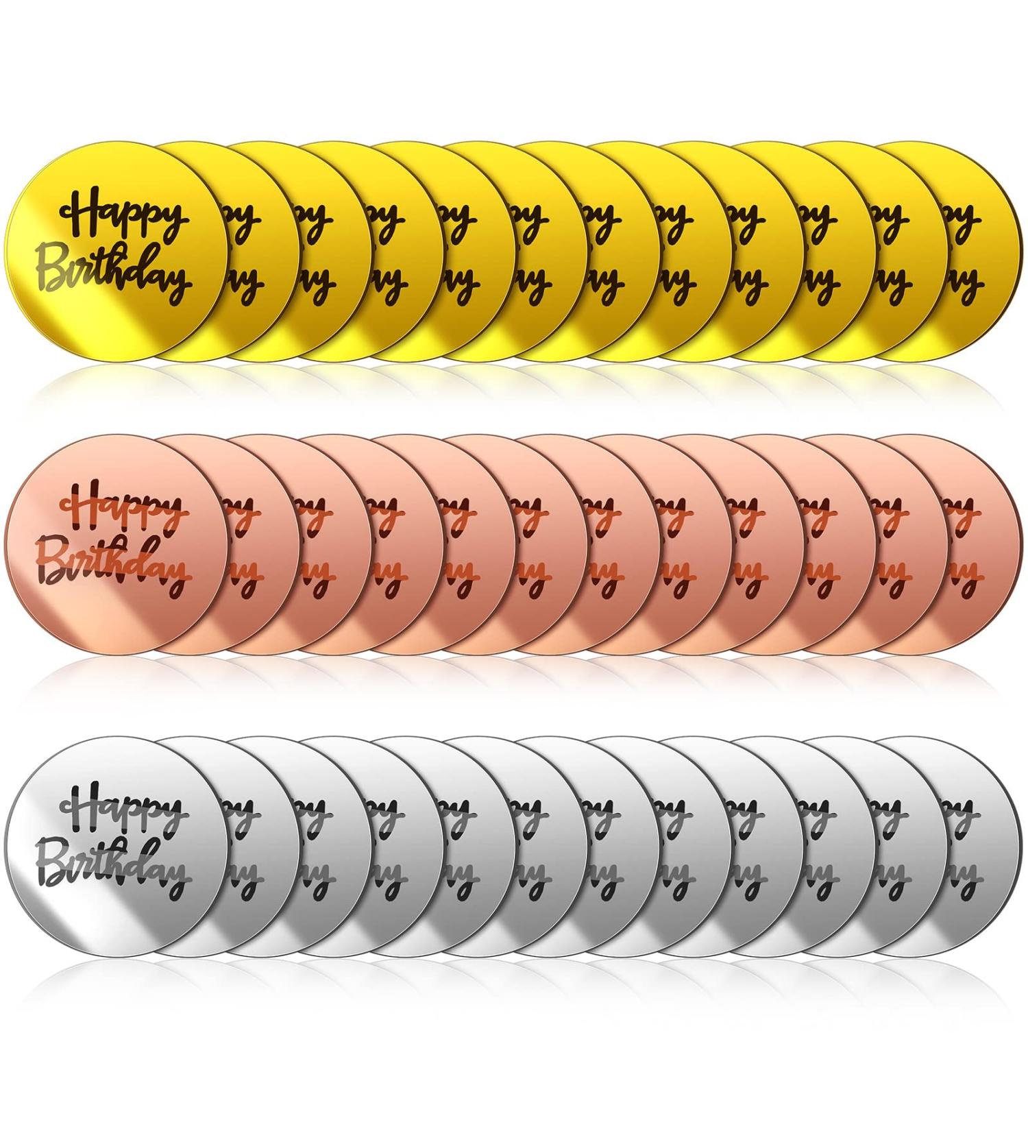 36 Pieces Acrylic Cake Disc Mirror Cupcake Toppers Happy Birthday Cake Toppers Mini Round Engraved Topper Silver Rose Gold DIY Acrylic Cake Charm Gold Charms Decorations for Cupcake Decoration - Buy Online on GoSupps.com