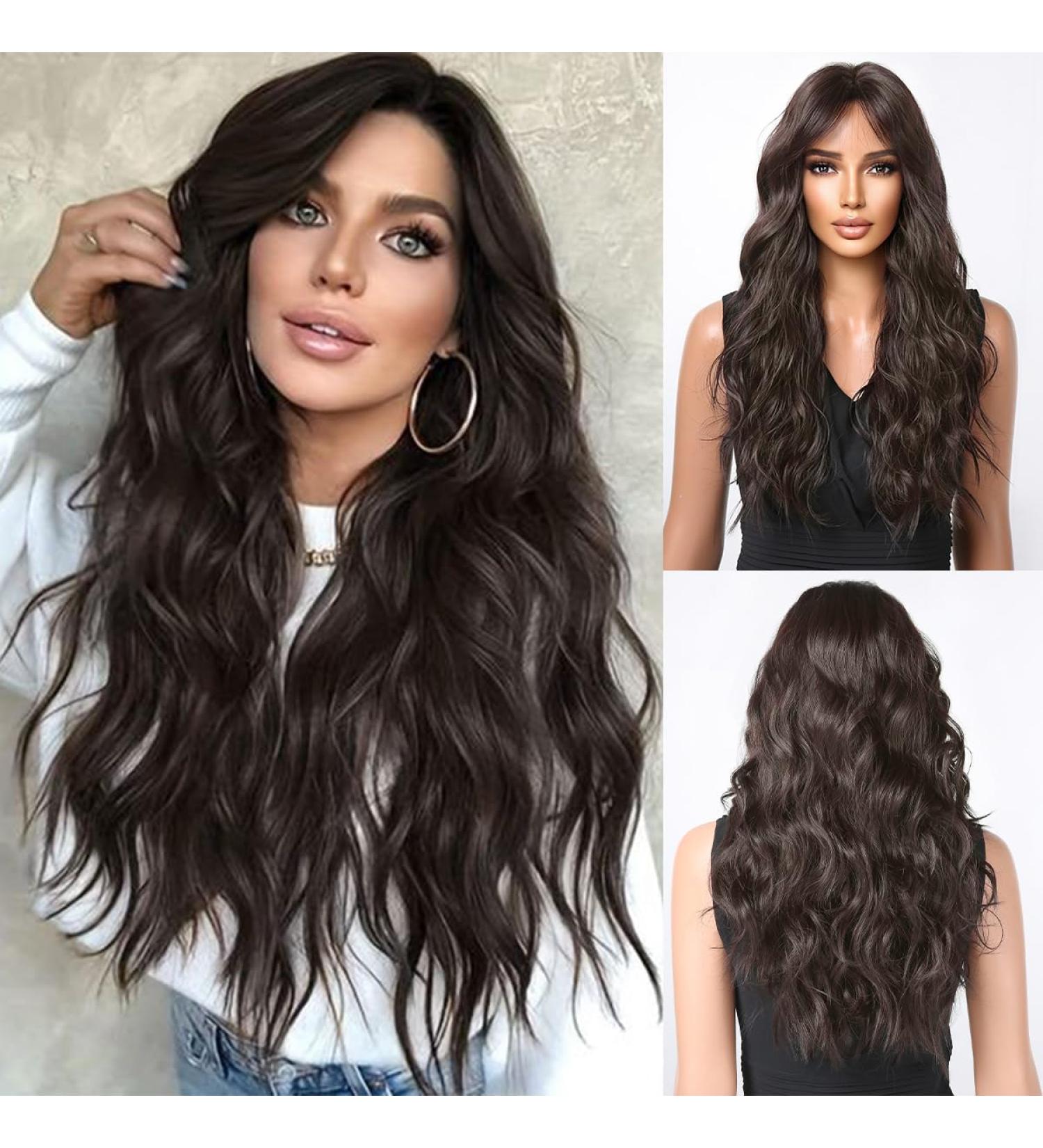 Buy Testar Long Dark Brown Wigs for Women | Curly Wigs with Air Bangs & Water Waves | Heat-Resistant Synthetic Hair for Daily & Party Use - Buy Online on GoSupps.com