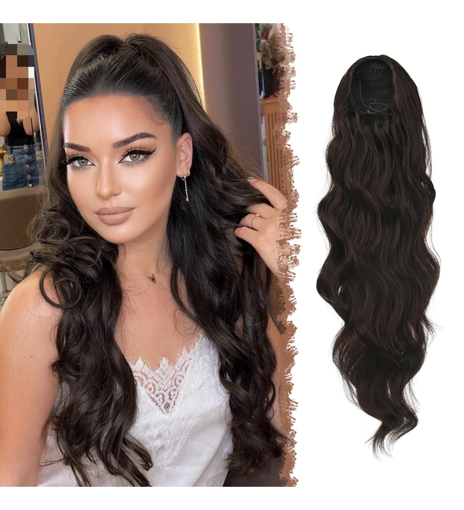 FESHFEN Long Curly Wavy Ponytail Extension | Clip-in Synthetic Hairpiece Drawstring Ponytail in Medium Brown | 60cm Length | For Women and Girls - Buy Online on GoSupps.com