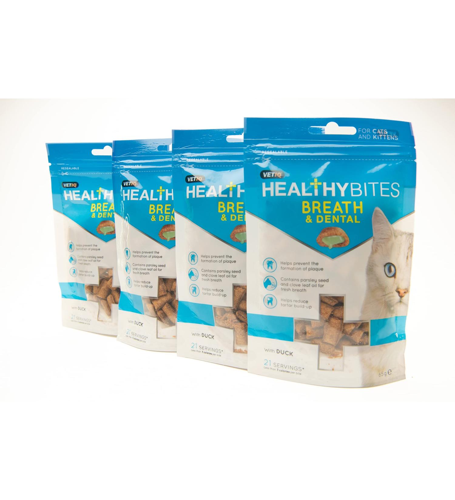 VetIQ Healthy Bites Breath & Dental Cat Treats 4x 65g Cat Dental Care Helps Prevent Plaque & Tartar Build Up Cat Supplement with Vitamins & Minerals Bad Breath Remedy For Cat & Kitten Health Duck 65 g (Pack of 4) - Buy Online on GoSupps.com