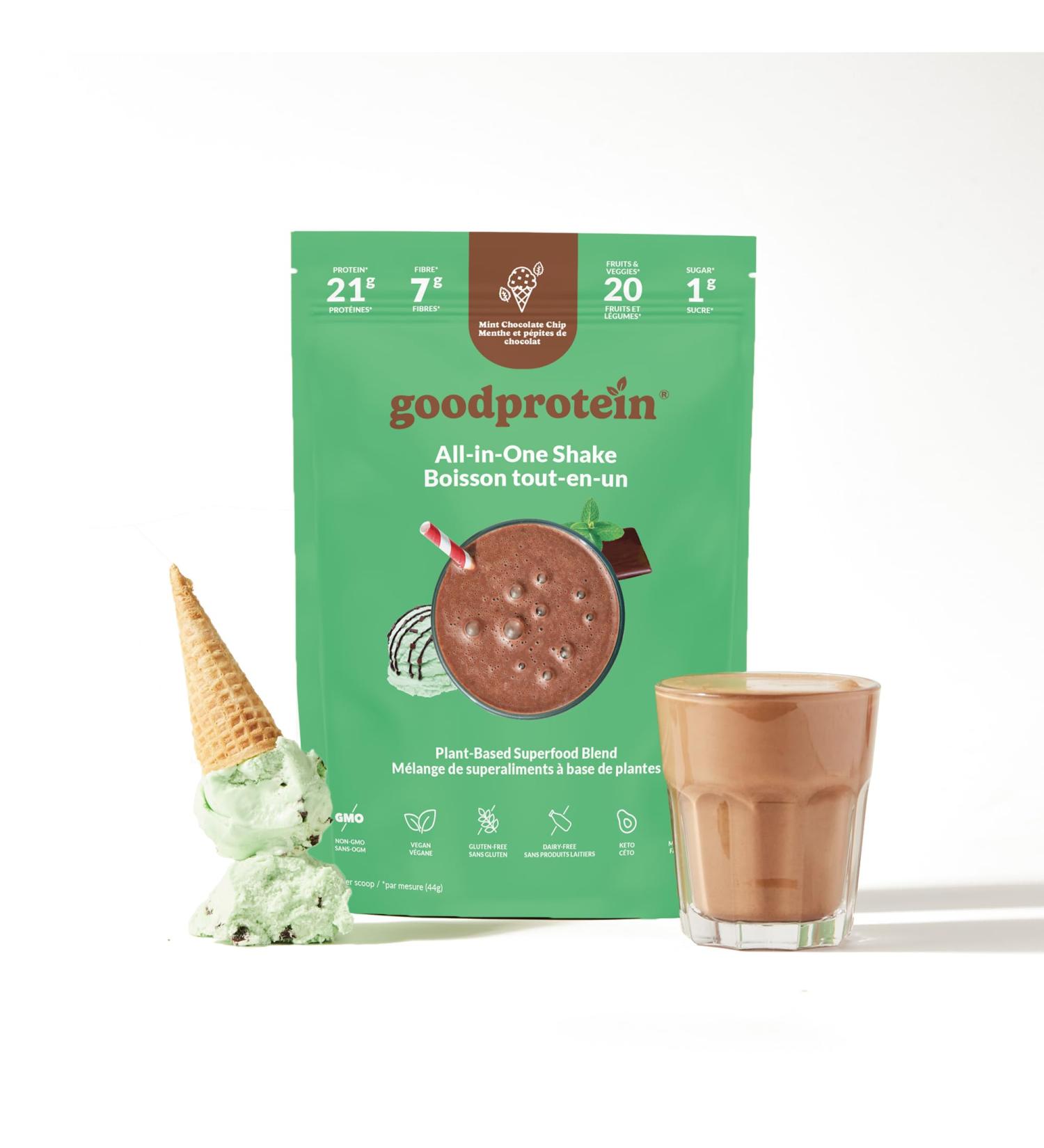 Good Protein Vegan Plant-based Protein Powder 100% Natural Non-GMO Dairy-free Gluten-free Soy-free No Added Sugar and Nothing Artificial. Mint Chocolate Chip All-in-One Shake 440 grams Mint Chocolate Chip 440 g - Buy Online on GoSupps.com