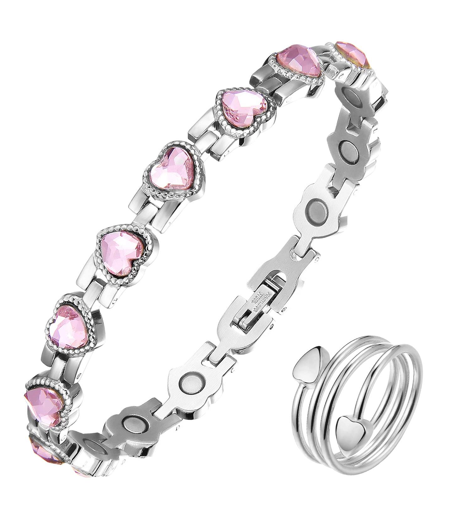 MagEnergy Titanium Steel Magnetic Bracelet for Women | Love Heart Design | Adjustable with Gift Box and Tool | Heart Pink - Buy Online on GoSupps.com