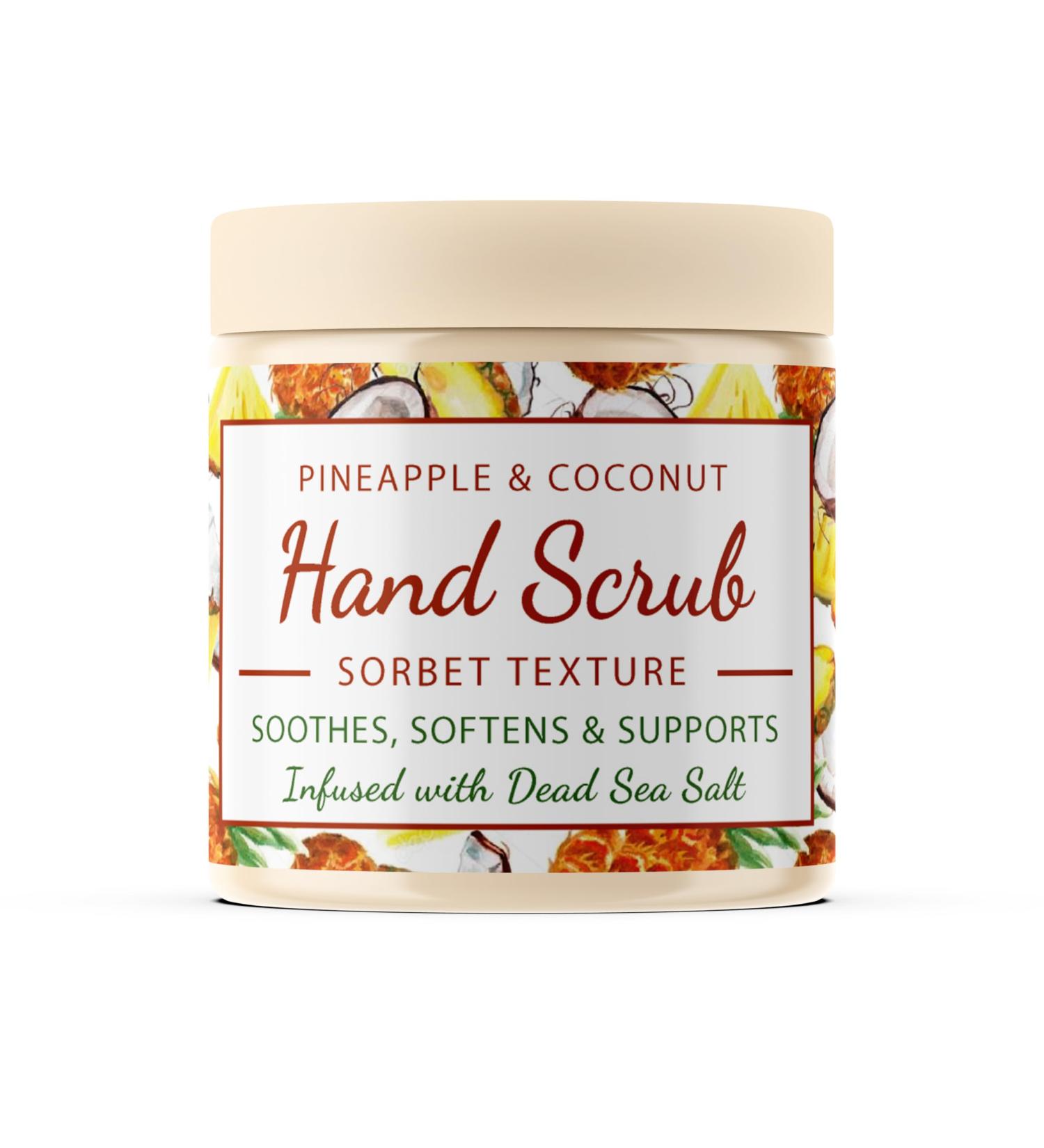 CalmGrace Exfoliating Hand Scrub with Dead Sea Salts & Pineapple Coconut Scent | 300g Sorbet Texture | Avocado Oil & Vitamin E - Buy Online on GoSupps.com