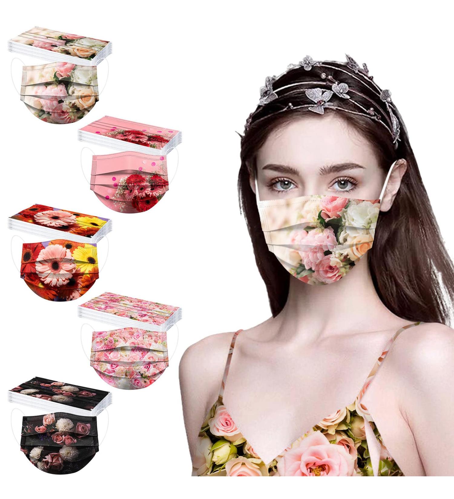 50Pcs Disposable Floral Face_Masks with Designs 3-Ply Breathable Flower Face_Mask with Nose Wire Facemasks for Women (Floral-J) - Buy Online on GoSupps.com