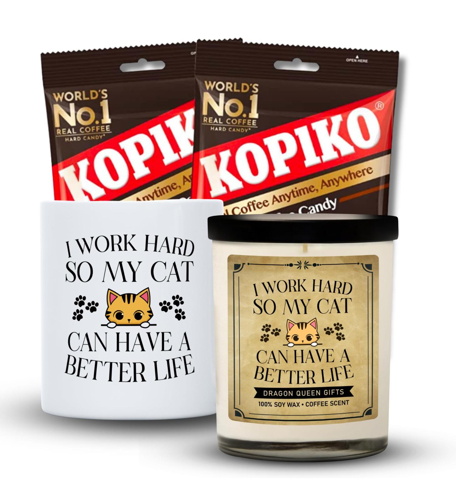 Dragon Queen Gifts Gifts for Cat Lovers Cat Stuff for Cat Lovers Bundle comes with I Work Hard So My Cat Can Have A Better Life Coffee Mug Coffee Candle Kopiko Coffee & Kopiko Cappuccino Candy Set Coffee Scent I Work Hard So My Cat Can Have A Better Life - Buy Online on GoSupps.com