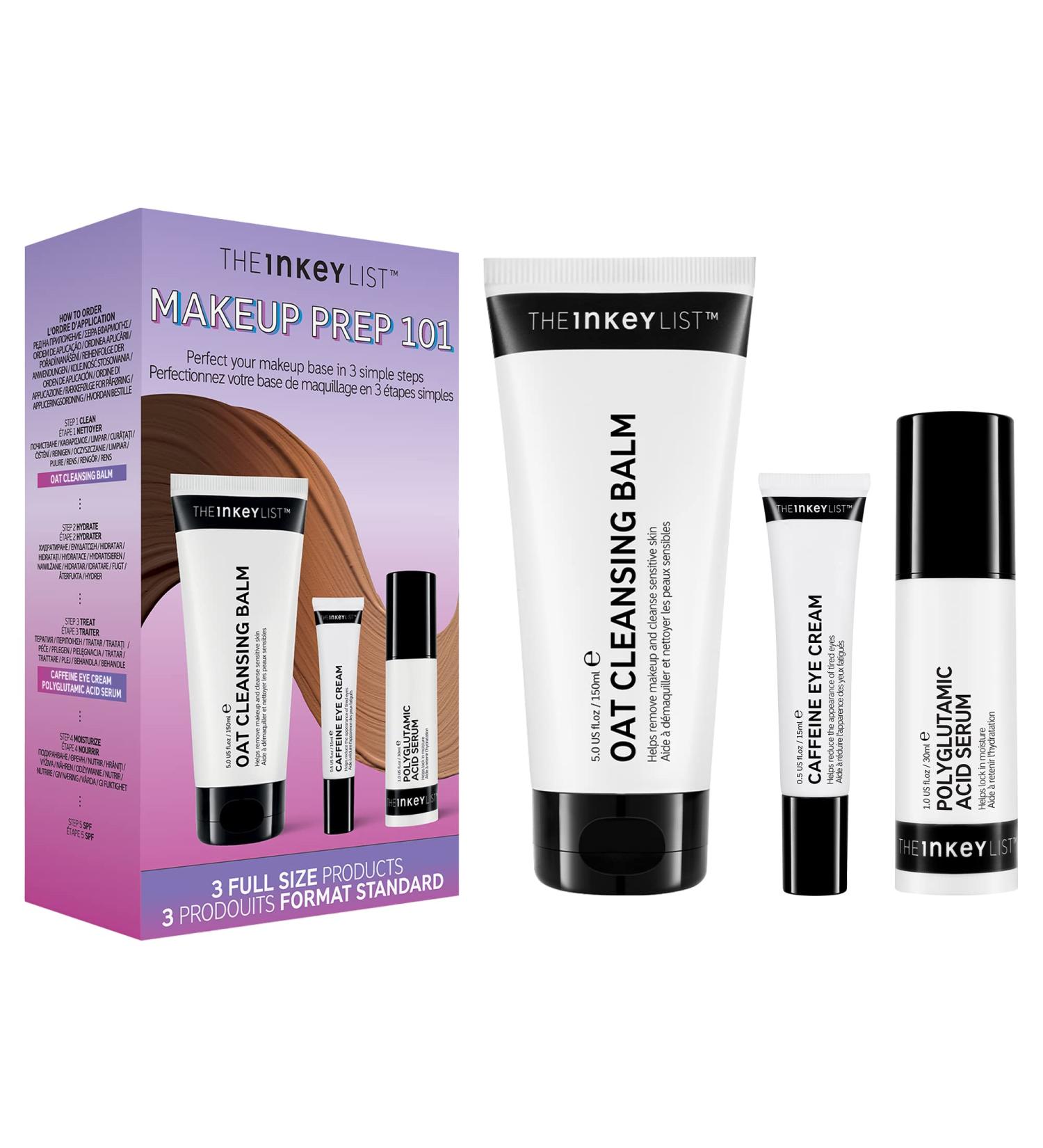 INKEY List Makeup Prep 101 Kit - Oat Cleansing Balm, Polyglutamic Acid Serum, Caffeine Eye Cream | Complete Makeup Prep Starter Kit | All Ages - Buy Online on GoSupps.com