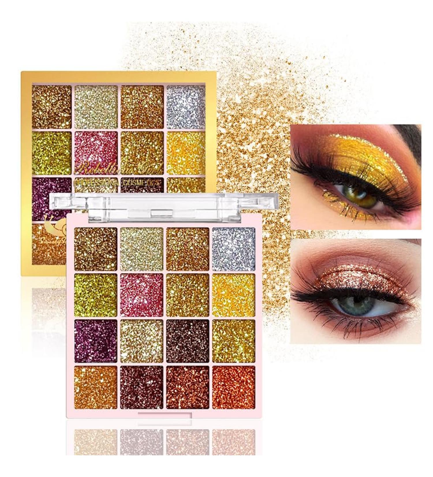 16 Colors Sequins Eyeshadow Palette - Pressed Gold & Brown Makeup for Women & Girls | Perfect for Halloween & Festivals - Buy Online on GoSupps.com