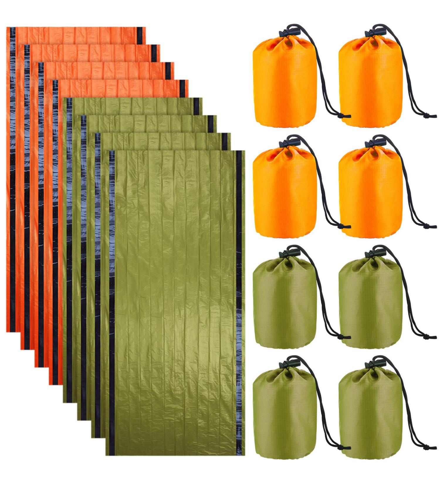 8 Pack Emergency Sleeping Bag - Lightweight Thermal Survival Gear for Outdoor Camping and Hiking - Waterproof Mylar Blankets - Portable Bivy Sack in Green and Orange - Buy Online on GoSupps.com