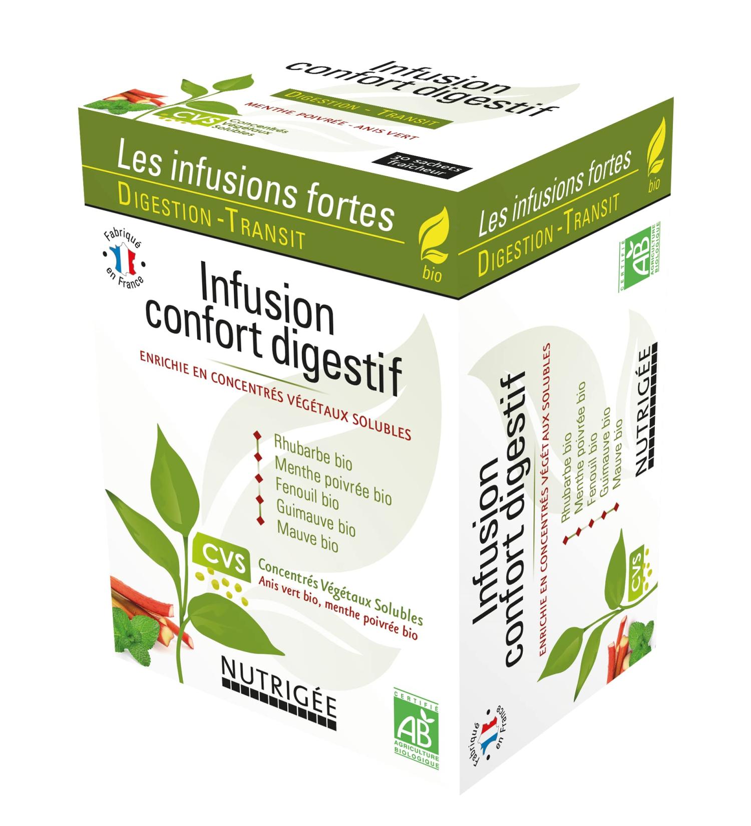 NUTRIG E - Organic Digestive Comfort Infusion - Triple Action - Digestion Transit & Bloating - Peppermint Fennel Purple Marshmallow Rhubarb - Rich in Soluble Plant Concentrates - 30 Sachets - Buy Online on GoSupps.com