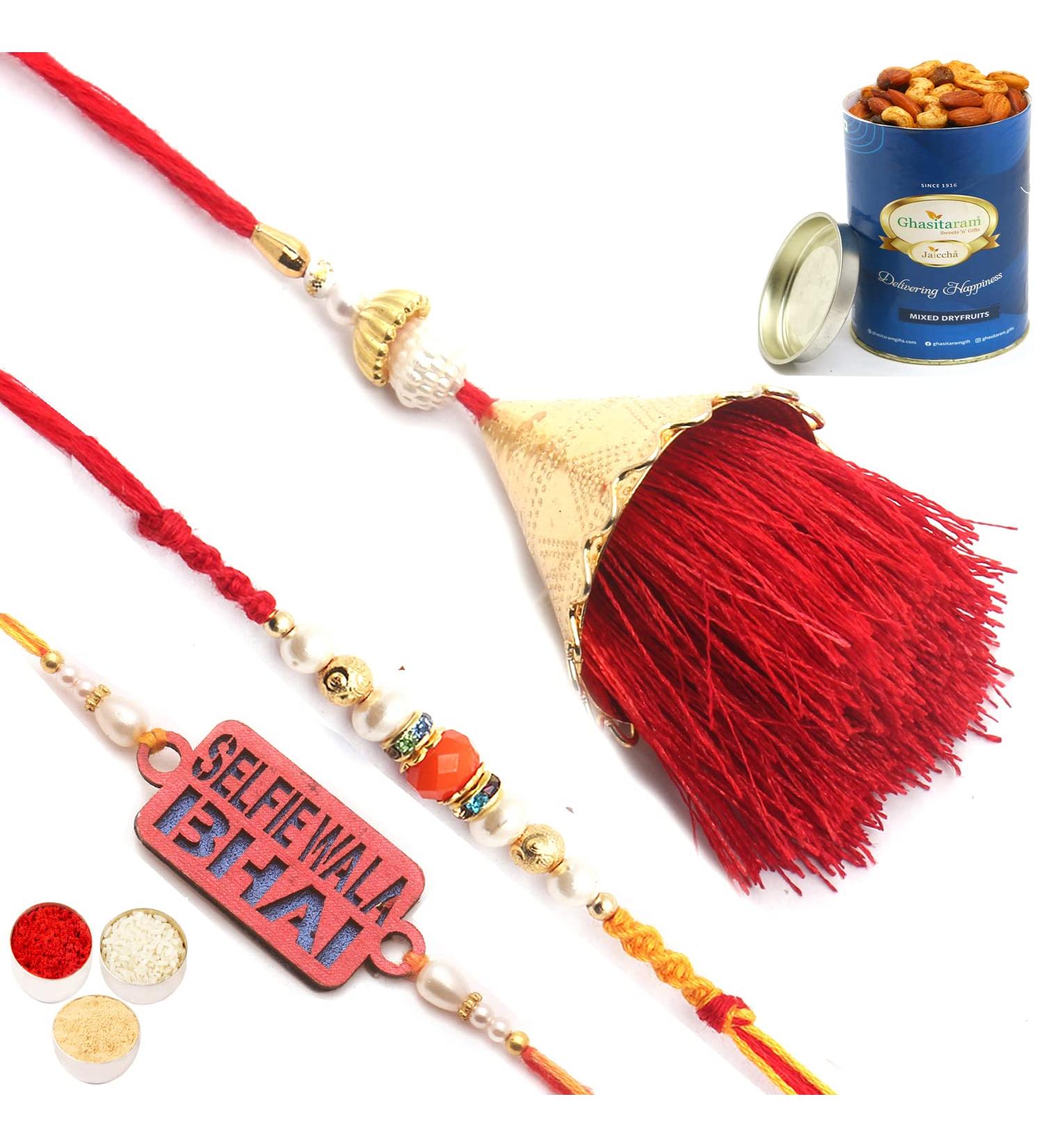 Ghasitaram Gifts Rakhi for Brother Rakhis Online - Set of 3 Bong of Blessings Bhaiya Bhabhi Rakhi and Selfiewala Bhai Kids Rakhi with 100 GMS of Dryfruits Mix Can - Buy Online on GoSupps.com