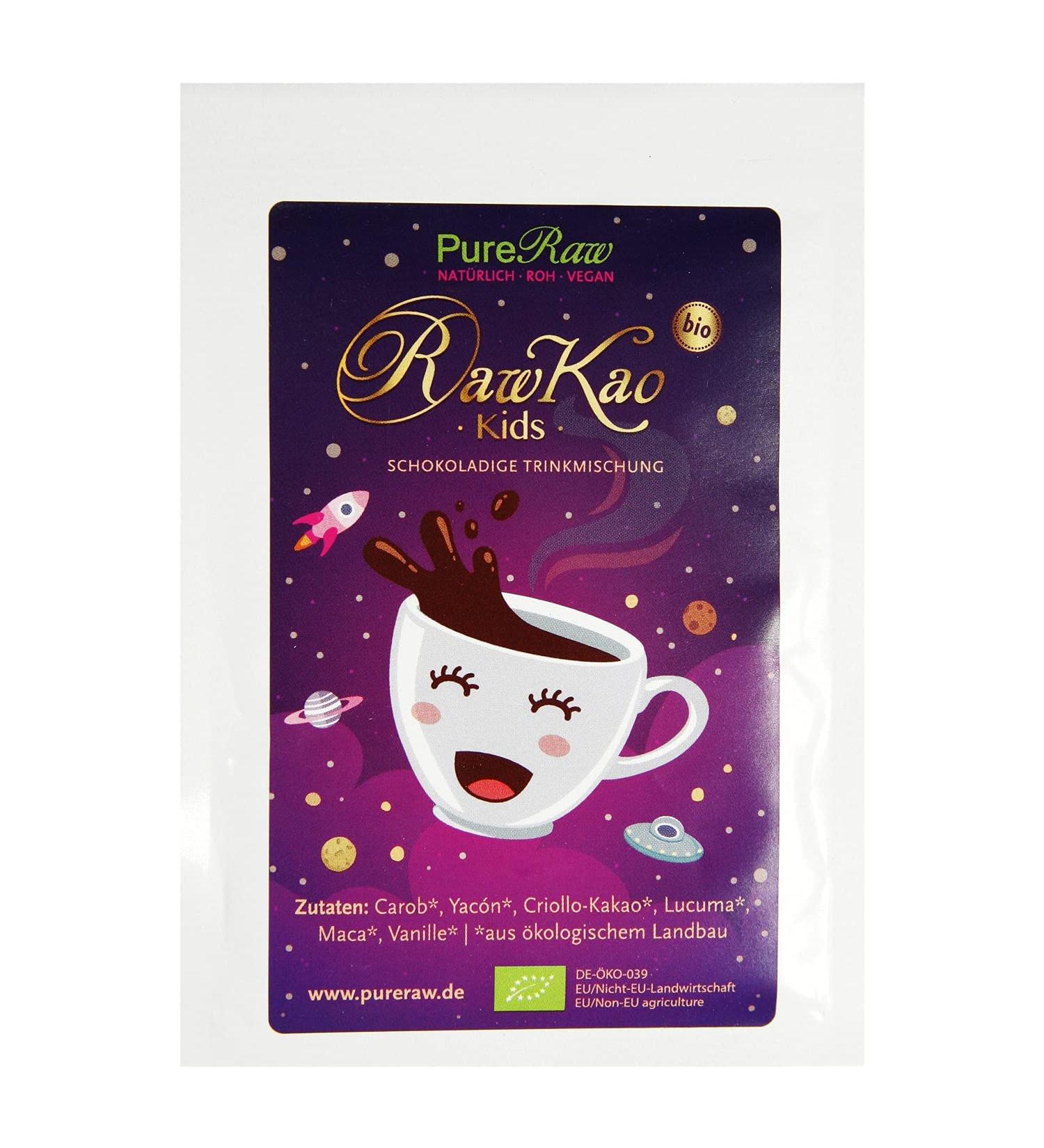 Rawkao Kids Organic Sugar-Free Drinking Chocolate | Superfood Powder with Carob Kakao Yacon Lucuma & Maca - 8g Pack | Pureeraw - Buy Online on GoSupps.com