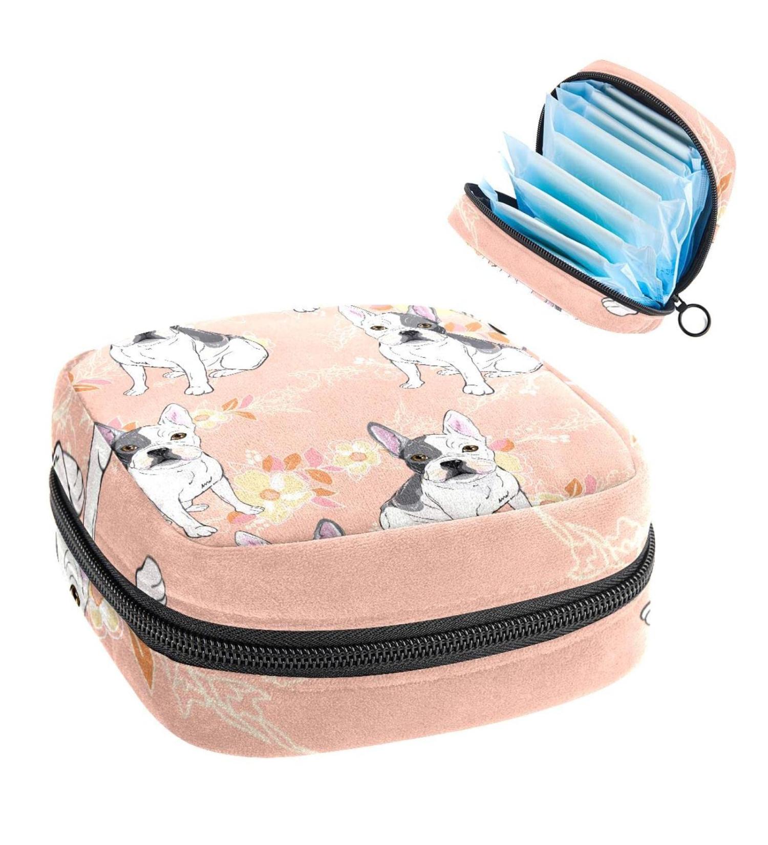 Women's Portable Period Kit - Black & White Pug Dog Flower Storage Pockets | Feminine Product Bag - Buy Online on GoSupps.com
