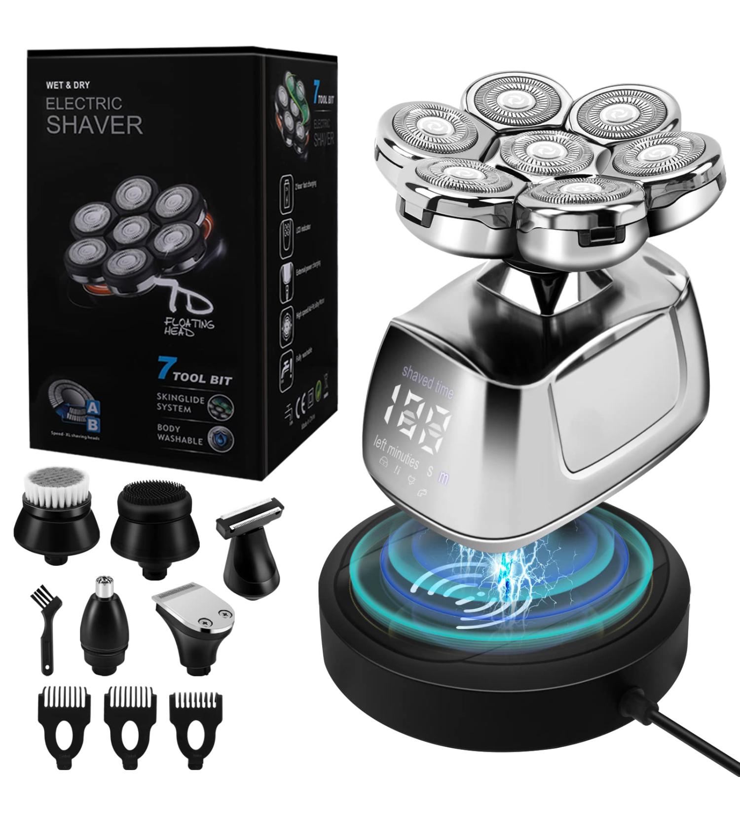 7d Coikes 6 in 1 Electric Head Shaver for Men | Waterproof Wet Dry Bald Shaver with LED Display | Mens Grooming Kit with Wireless Charging Base | Beard Clippers Nose Trimmer - Buy Online on GoSupps.com