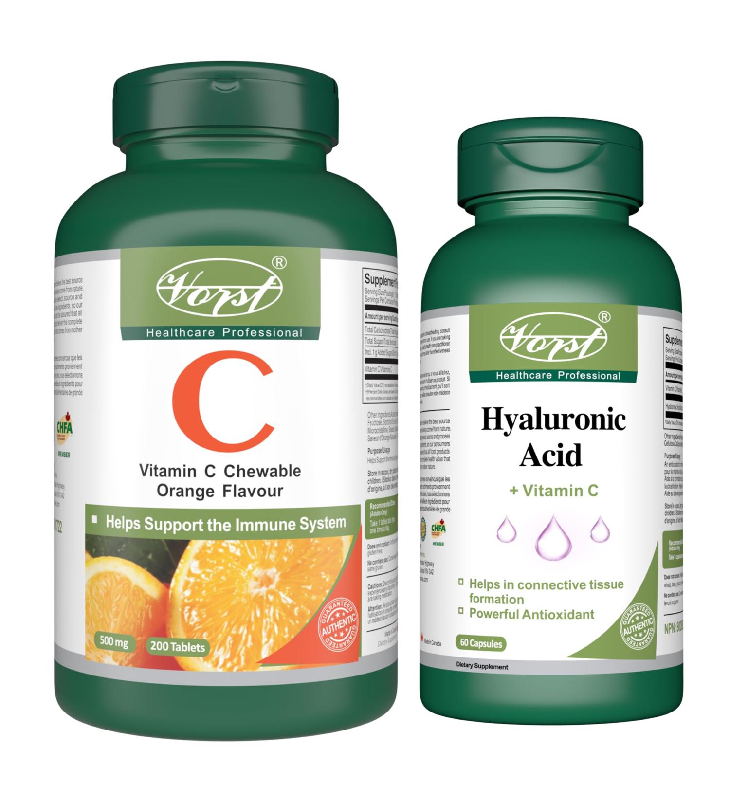 VORST Hyaluronic Acid 60 Capsules and Vitamin C 200 Chewable Tablets (Combo Bundle 2 Bottles) - Buy Online on GoSupps.com