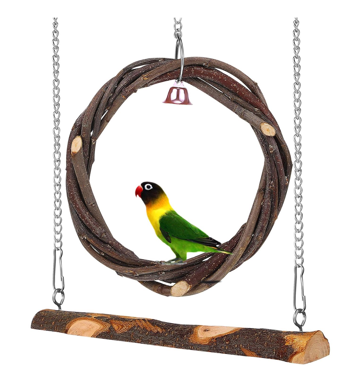 POPETPOP Bird Swing 2 Packs Parrot Swing Wooden Bird Swing Toy with Bell Hanging Swing Ring for Budgie Parakeet Cockatiel - Buy Online on GoSupps.com