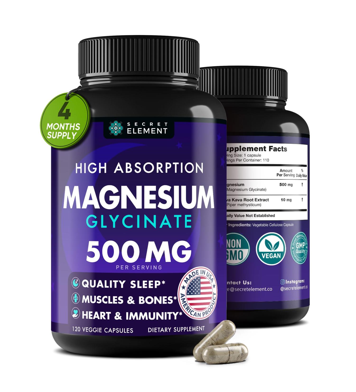 Magnesium Glycinate 500MG Capsules Magnesium Supplement for Adults & Kids with Kava Kava High Absorption Vegan & Non-GMO 120 Capsules 120 Count (Pack of 1) - Buy Online on GoSupps.com