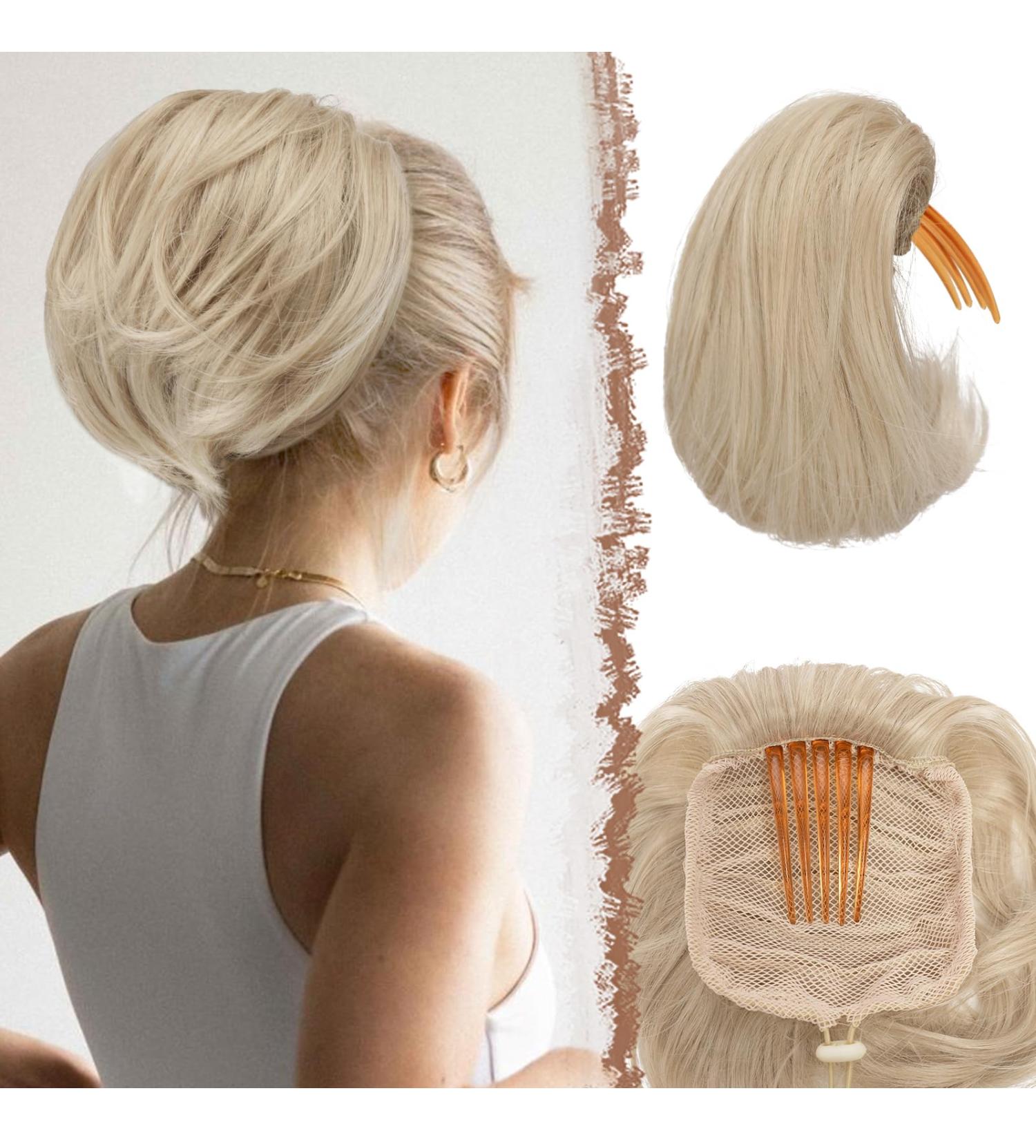 Feshfen Pale Ash Blonde Hair Dutt with Comb - Short Hair Ponytail Extensions Synthetic Chignon for Women - Buy Online on GoSupps.com