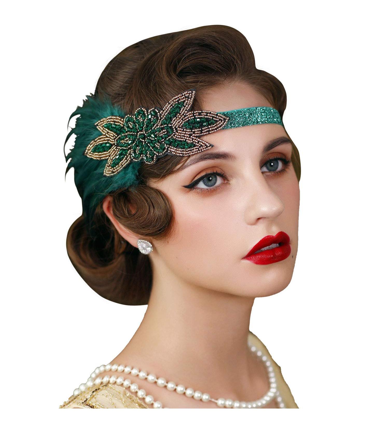 IYOU Crystal Feather Gatsby Headpiece Green Rhinestone Flapper Hair Pieces Vintage Party Costume Headband Hair Accessories for Women - Buy Online on GoSupps.com