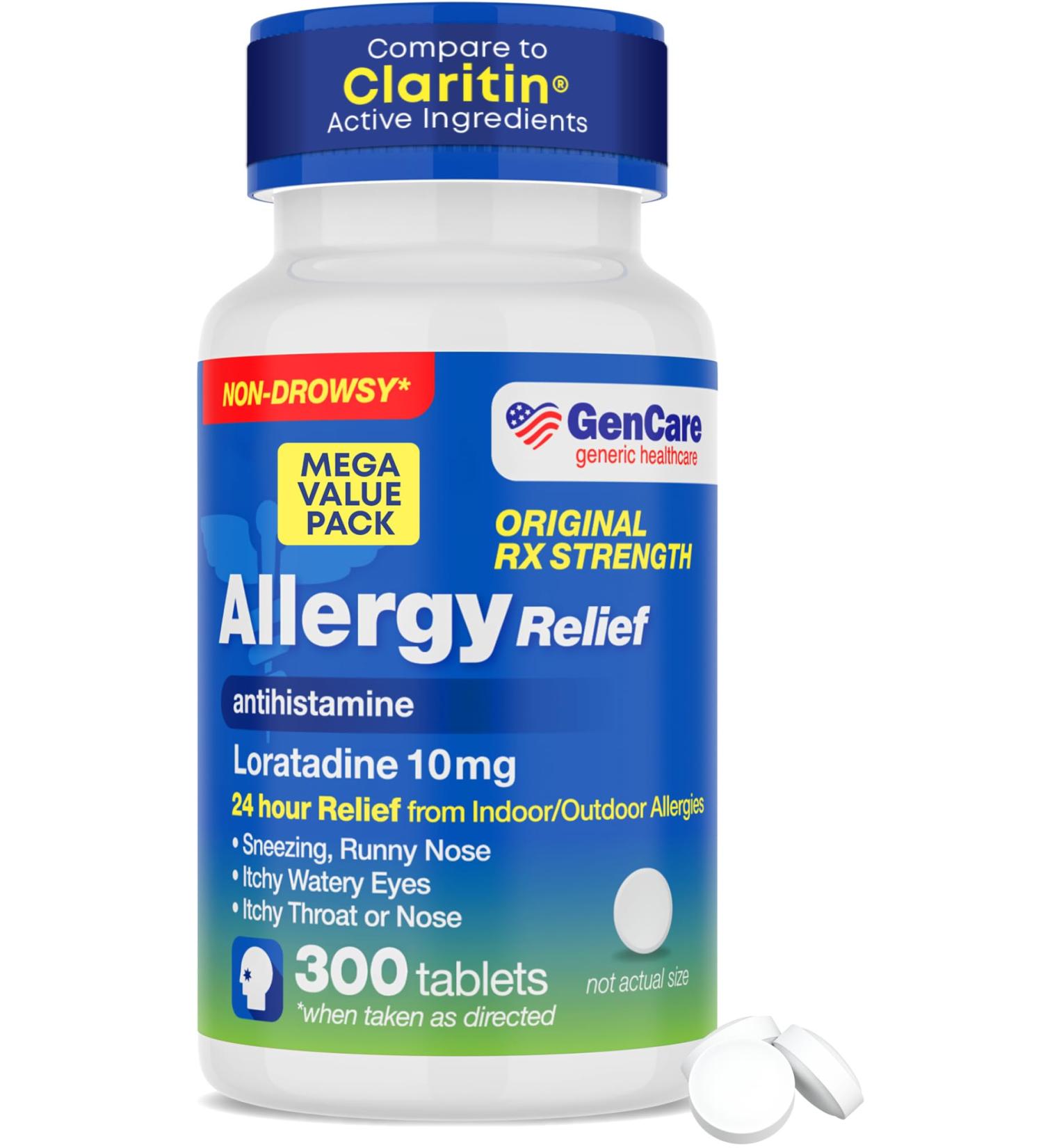 GenCare 24 Hour Nondrowsy Allergy Relief Tablets Loratadine 10mg 300 Count Daily Allergy Medicine Non Drowsy Antihistamine for Adults & Kids Age 6+ Generic for Clariten 10 mg Single Tablet Dose - Buy Online on GoSupps.com