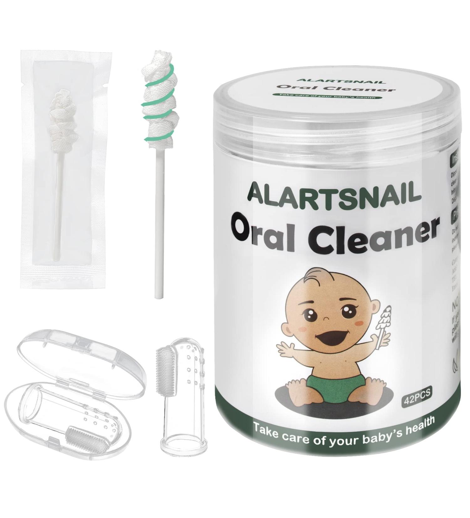 ALARTSNAIL Baby Oral Cleaner Set - 42 Tongue Cleaners, 1 Finger Toothbrush - Newborn to 36 Months - Individual Packaging - Umbrella Brush Head - Baby Mouth Hygiene Kit - Buy Online on GoSupps.com